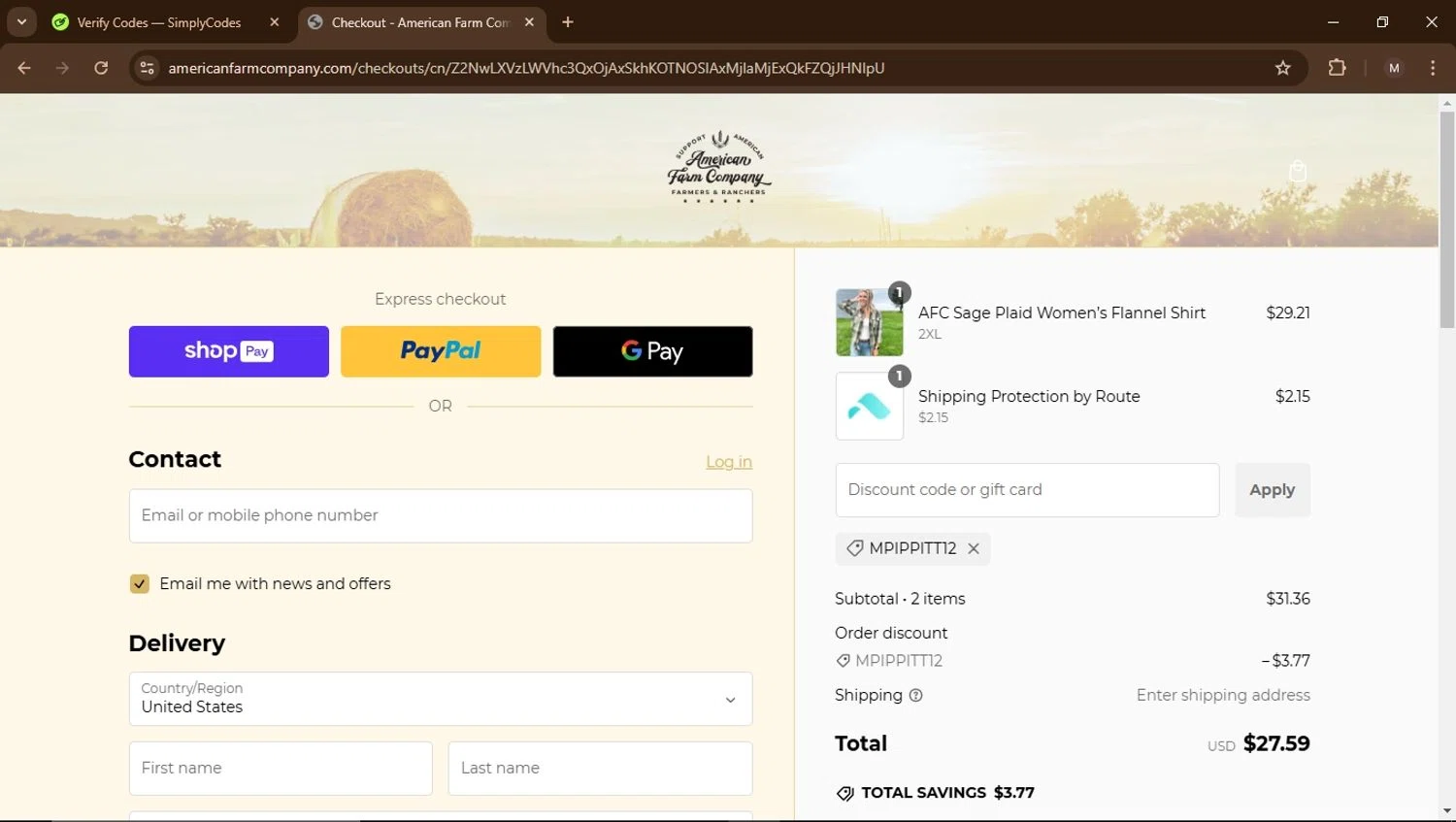 American Farm Company discount code screenshot showing code Mpippitt12 applied at American Farm Company checkout page. Uploaded by SimplyCodes community member Carrillojose on Jan 14, 2025