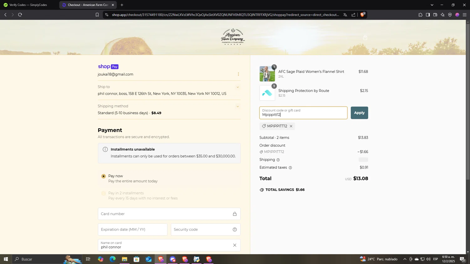 American Farm Company discount code screenshot showing code Mpippitt12 applied at American Farm Company checkout page. Uploaded by SimplyCodes community member CocuydePenca on Feb 12, 2025
