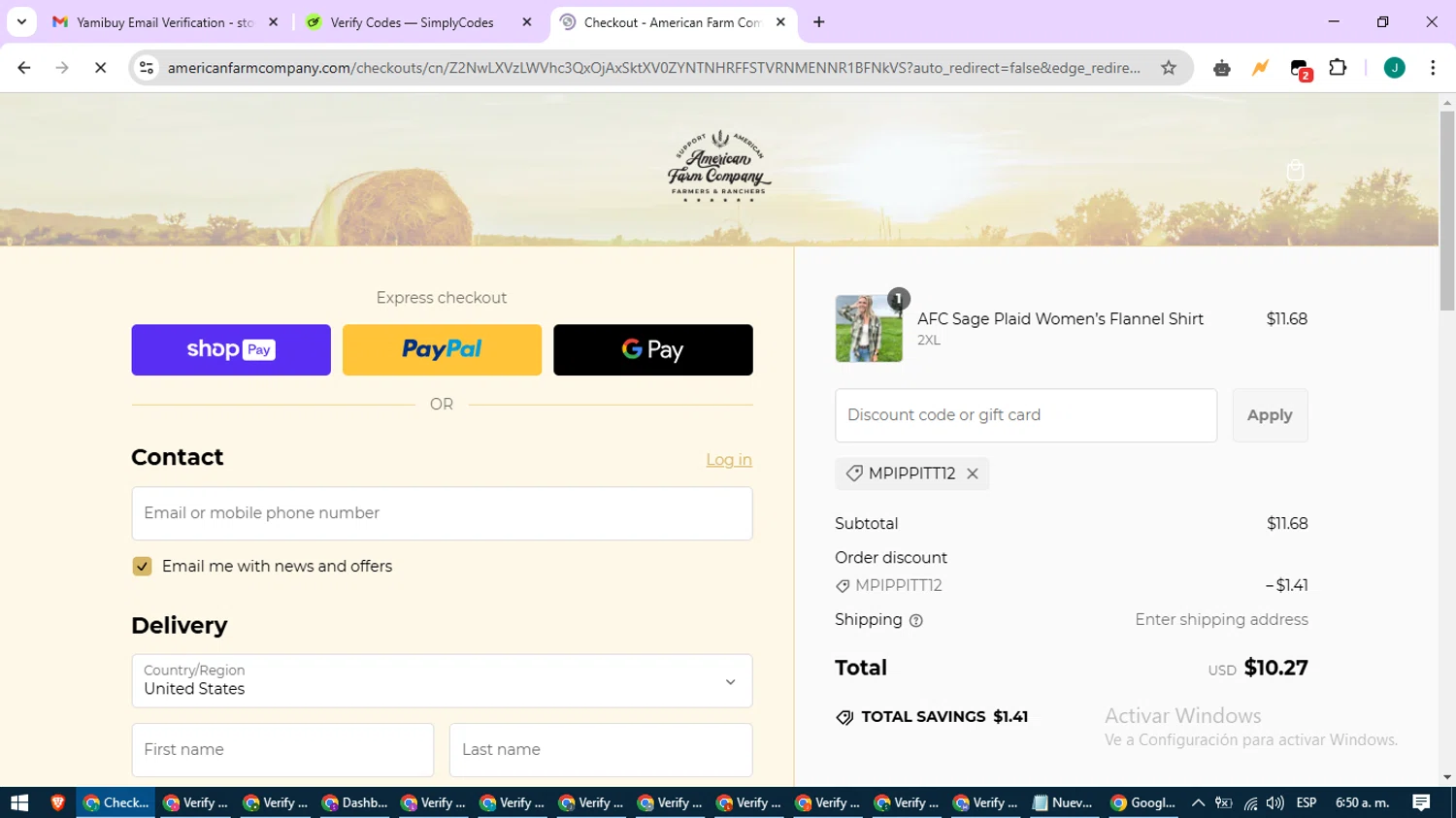 American Farm Company discount code screenshot showing code Mpippitt12 applied at American Farm Company checkout page. Uploaded by SimplyCodes community member SavvyCurator1770 on Feb 12, 2025
