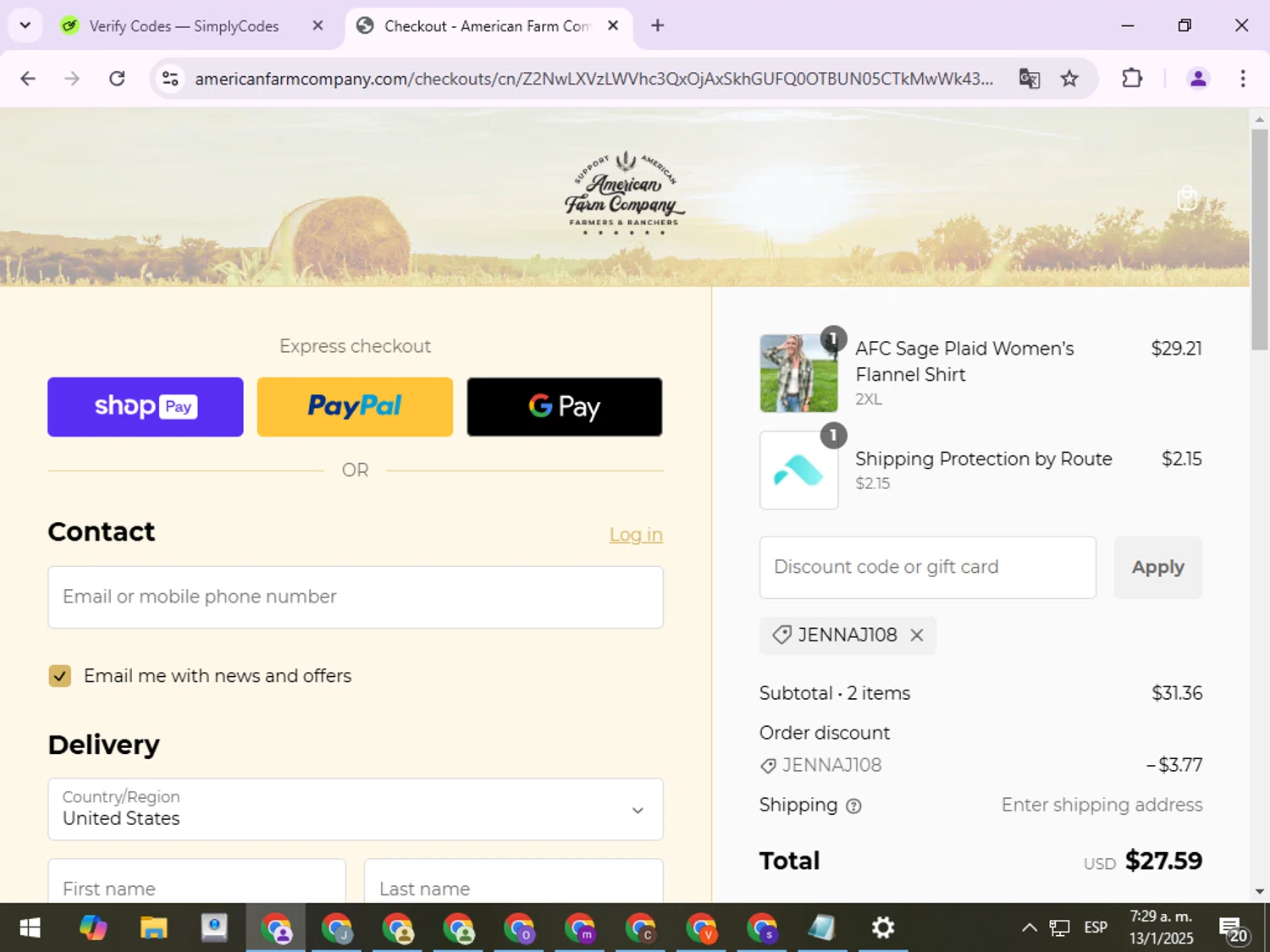 American Farm Company discount code screenshot showing code JENNAJ108 applied at American Farm Company checkout page. Uploaded by SimplyCodes community member ExtraordinaryPro8536 on Jan 13, 2025