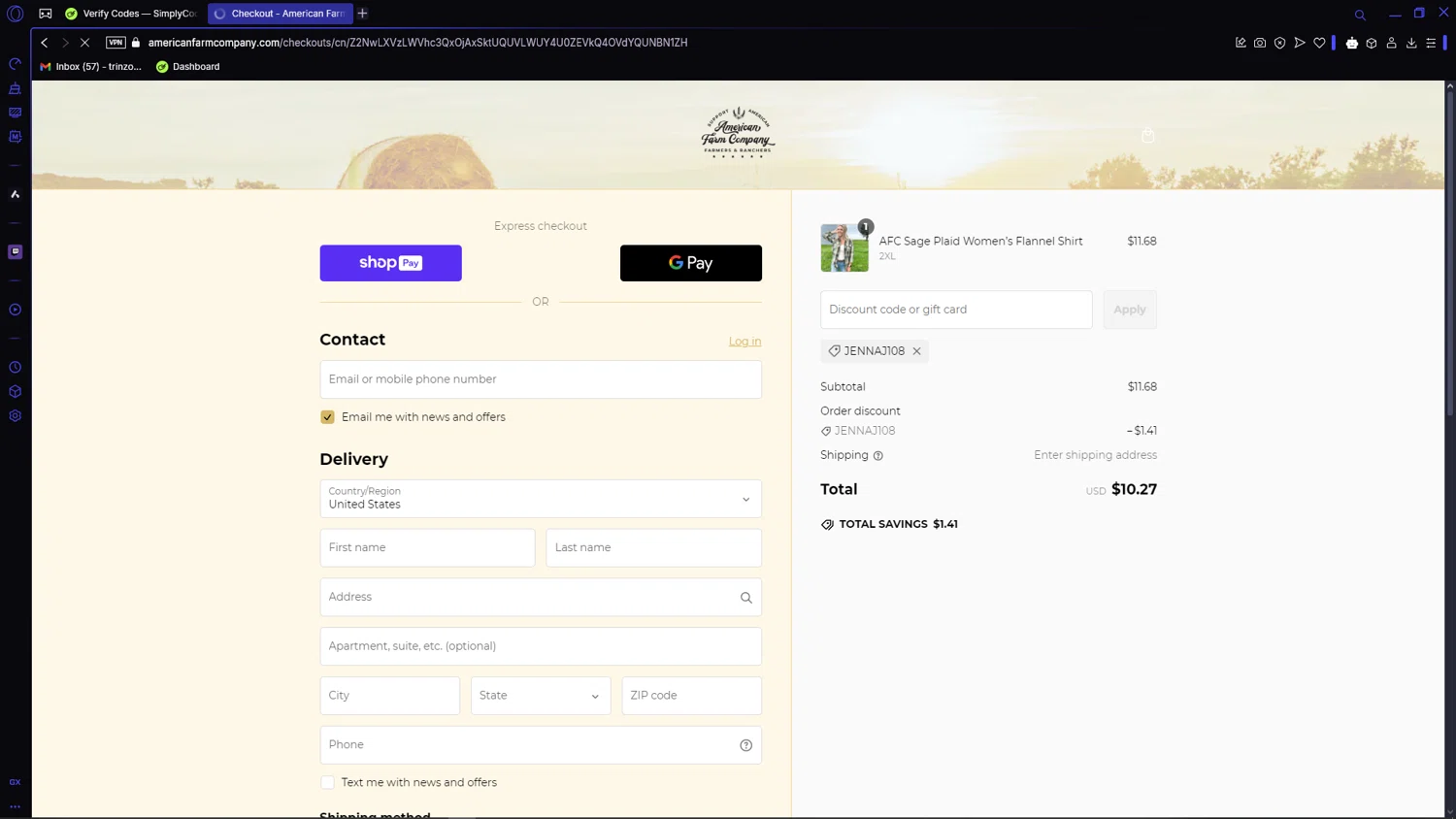 American Farm Company discount code screenshot showing code JENNAJ108 applied at American Farm Company checkout page. Uploaded by SimplyCodes community member VictoriousCaptain3902 on Feb 11, 2025