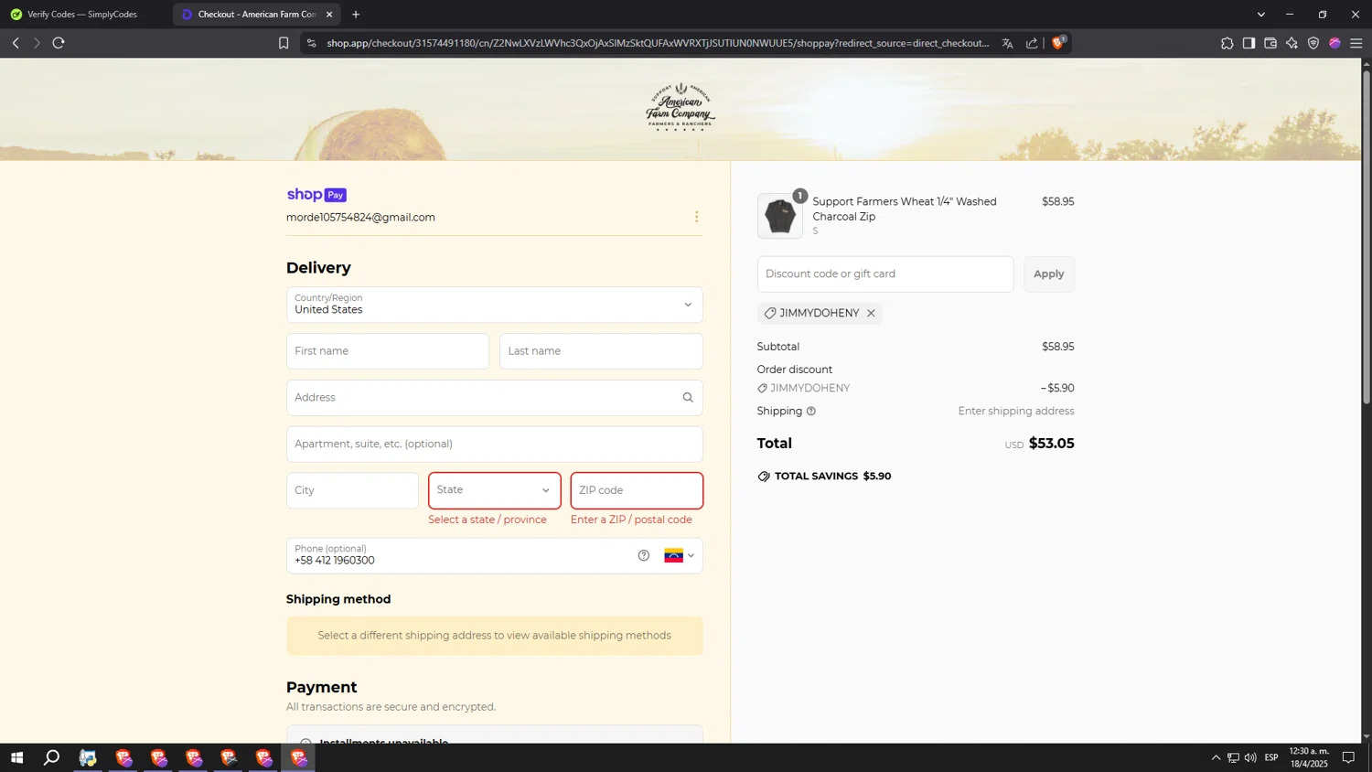 American Farm Company discount code screenshot showing code JIMMYDOHENY applied at American Farm Company checkout page. Uploaded by SimplyCodes community member SpeeDFast on Apr 18, 2025