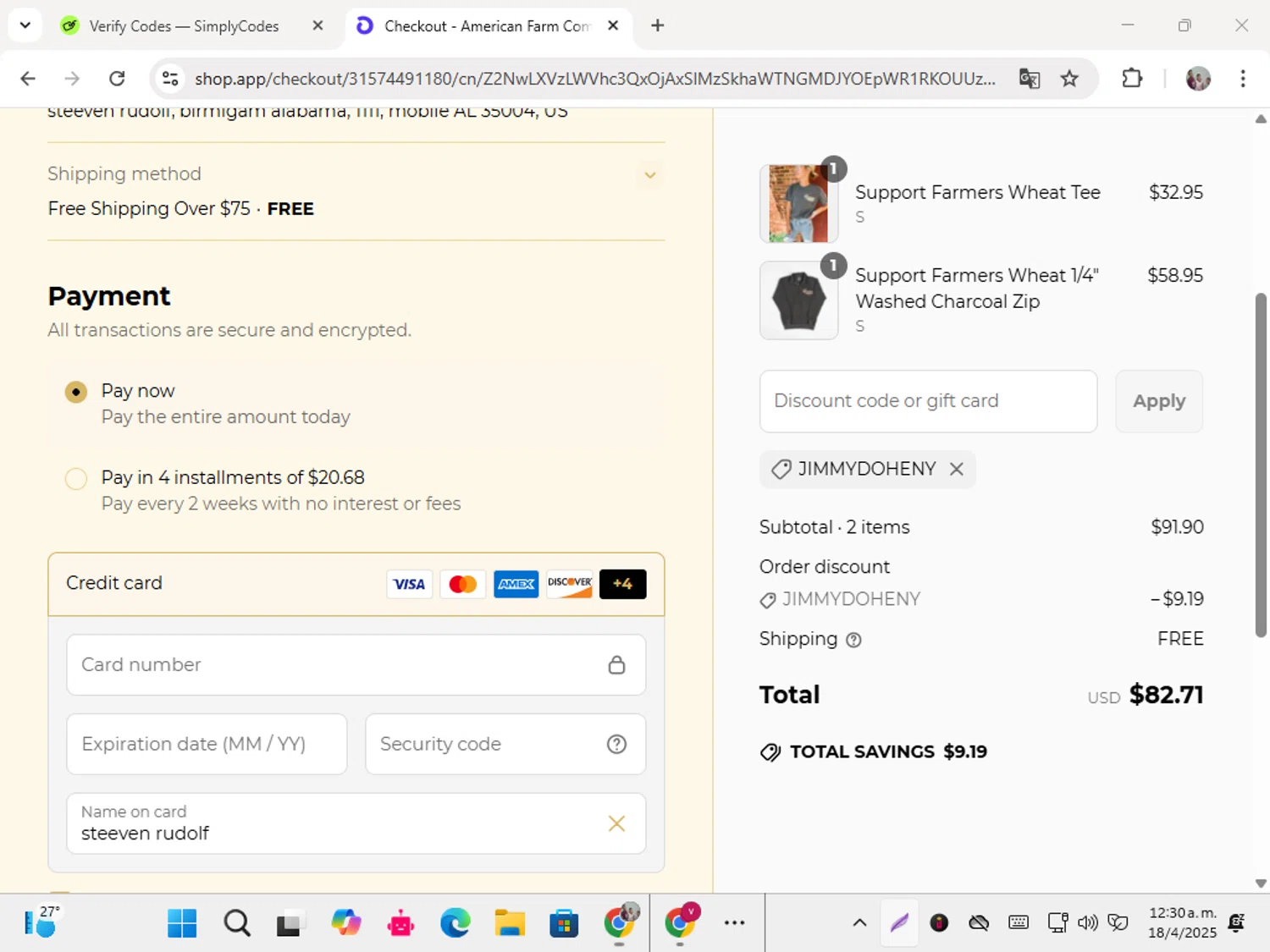 American Farm Company discount code screenshot showing code JIMMYDOHENY applied at American Farm Company checkout page. Uploaded by SimplyCodes community member karolg on Apr 18, 2025