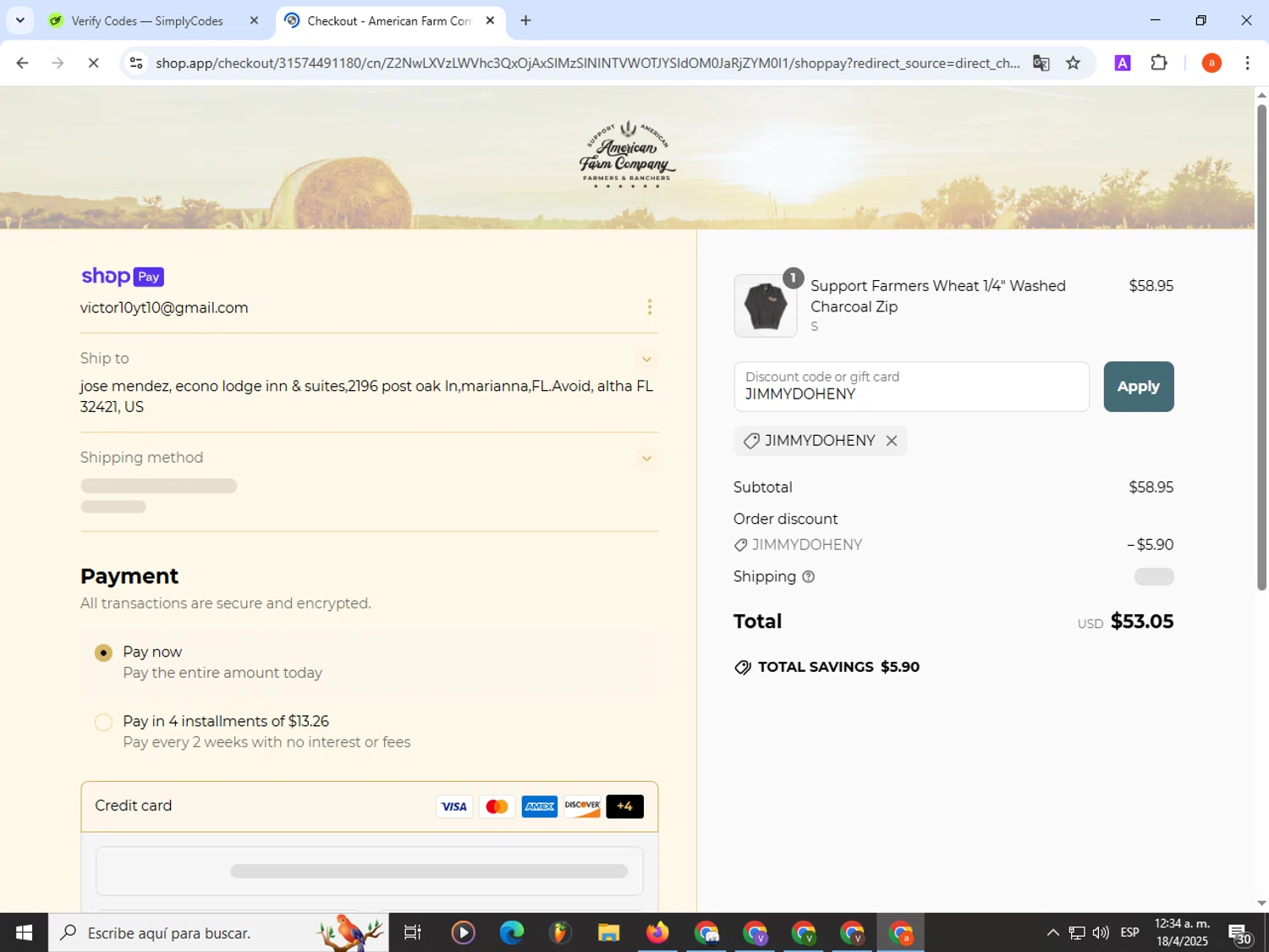 American Farm Company discount code screenshot showing code JIMMYDOHENY applied at American Farm Company checkout page. Uploaded by SimplyCodes community member partenalgas on Apr 18, 2025