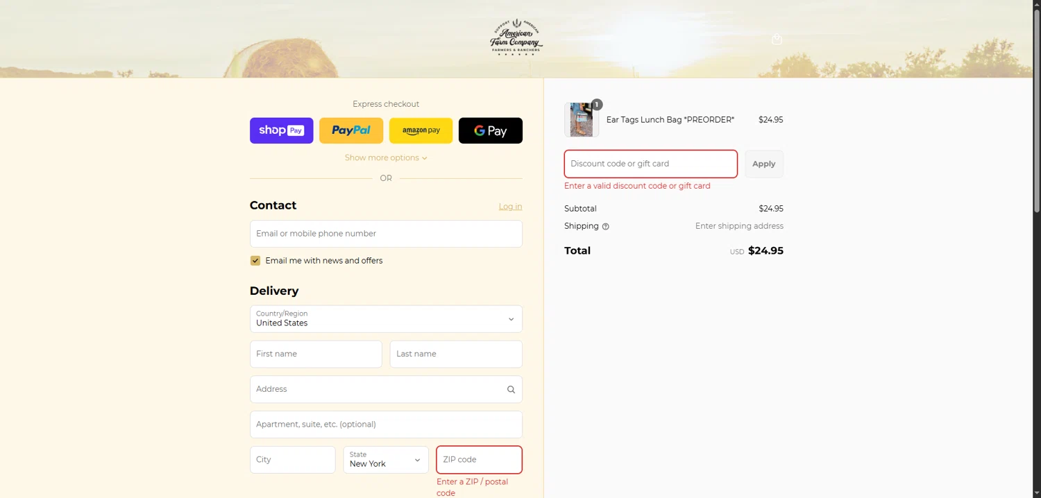 American Farm Company discount code screenshot showing code EXCLUSIVE20 applied at American Farm Company checkout page. Uploaded by SimplyCodes community member CodeTitan6120 on Jun 30, 2025