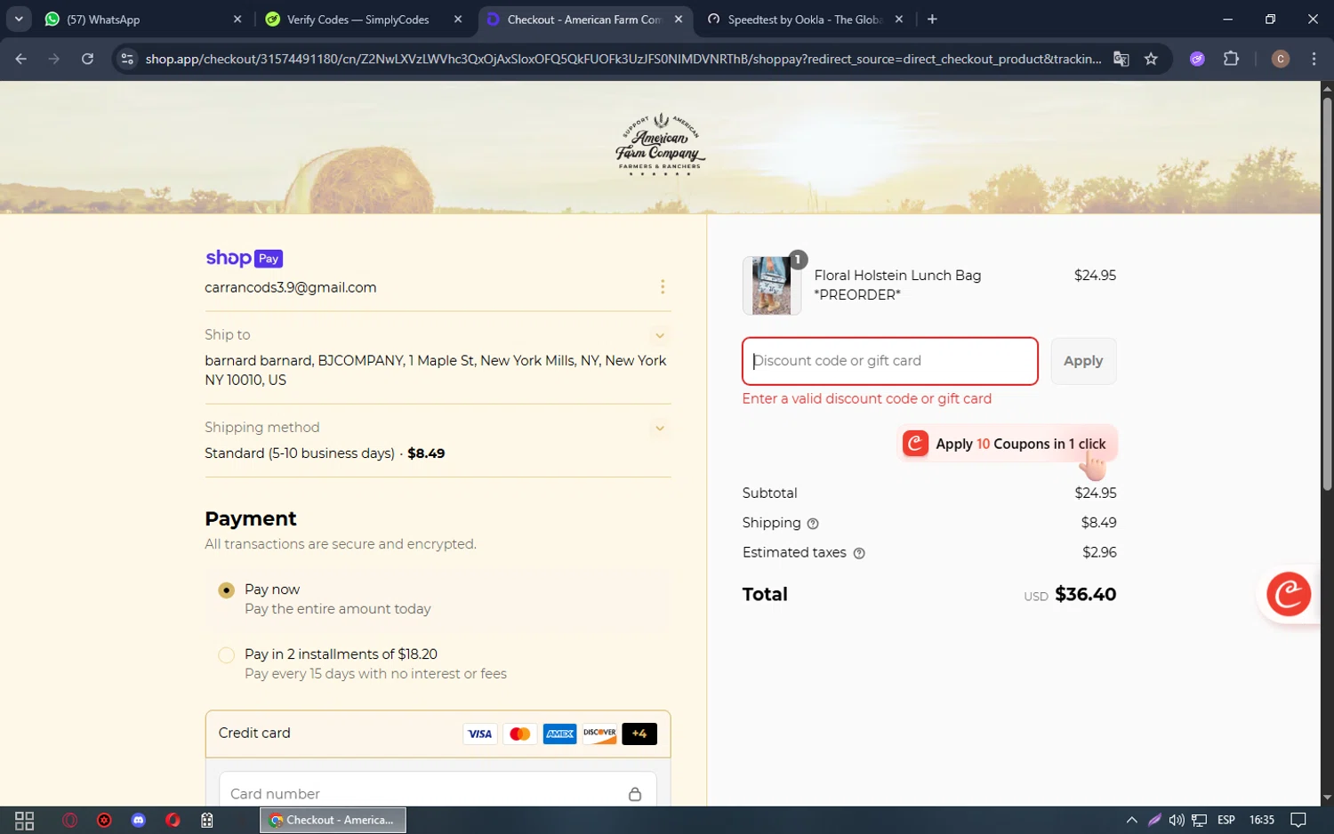 American Farm Company discount code screenshot showing code EXCLUSIVE20 applied at American Farm Company checkout page. Uploaded by SimplyCodes community member QuestHunter1351 on Jun 30, 2025