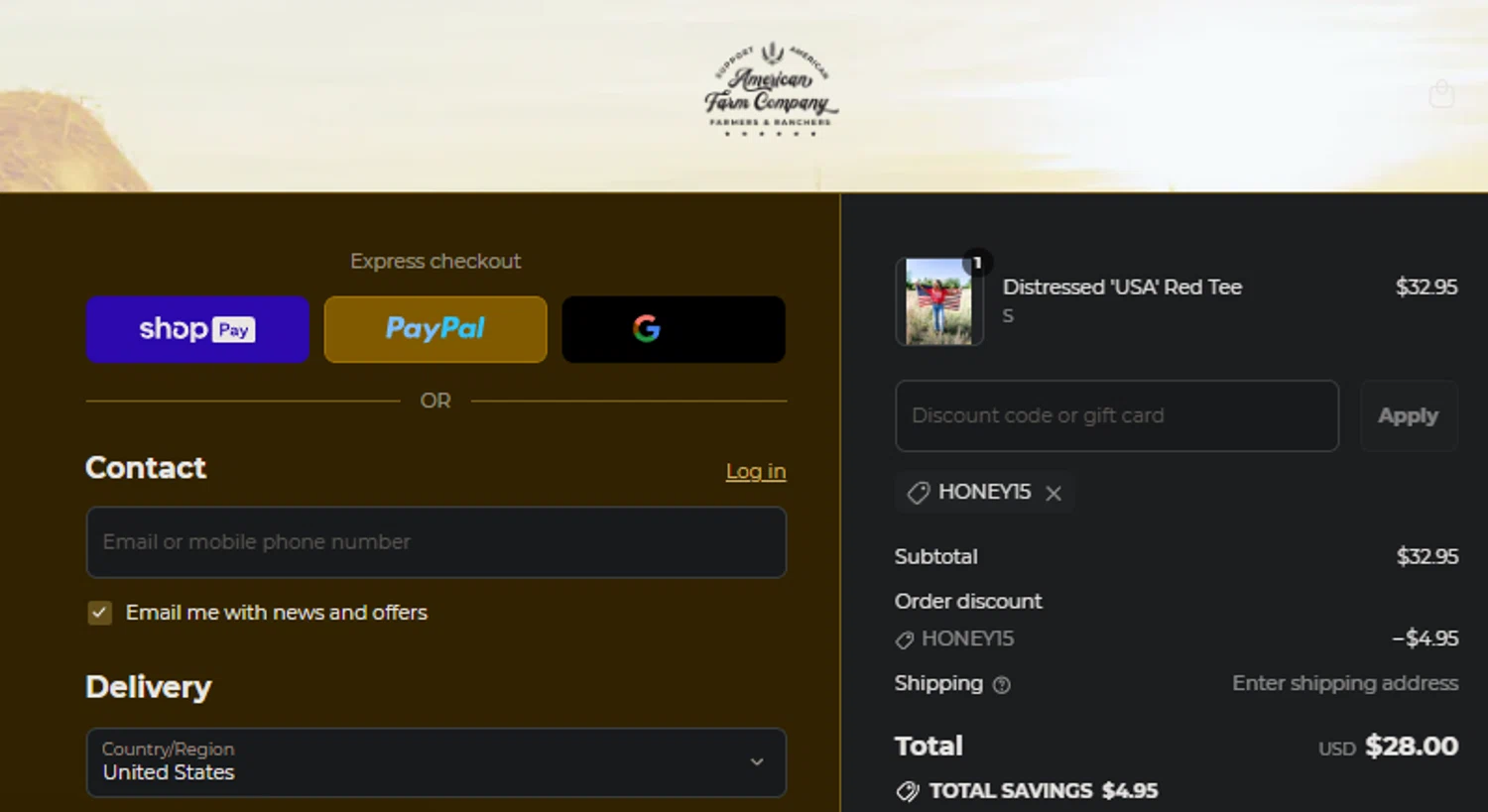 American Farm Company discount code screenshot showing code HONEY15 applied at American Farm Company checkout page. Uploaded by SimplyCodes community member idkxxx on Jul 11, 2025