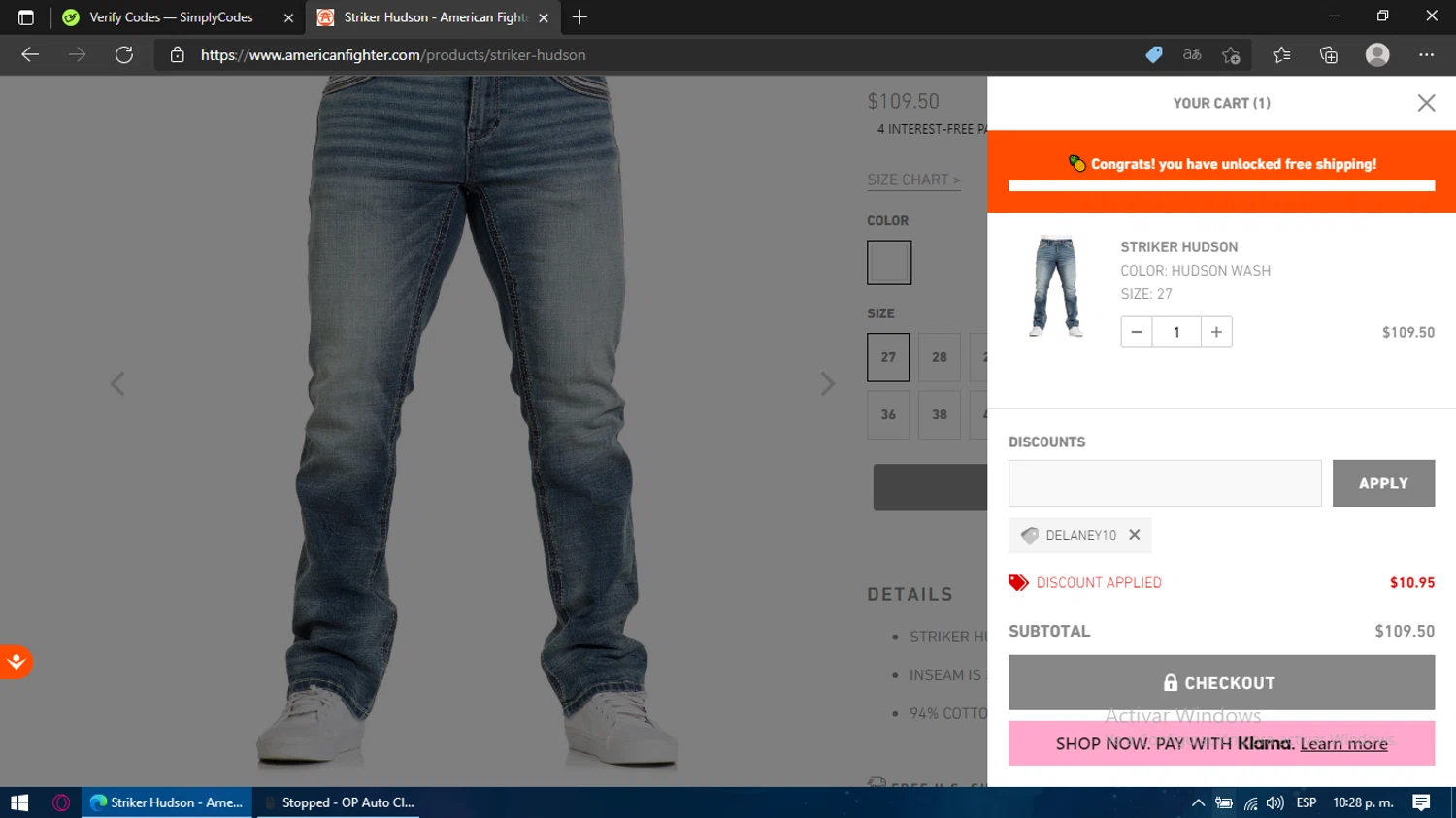 American Fighter discount code screenshot showing code DELANEY10 applied at American Fighter checkout page. Uploaded by SimplyCodes community member Billy2222 on Jan 18, 2025