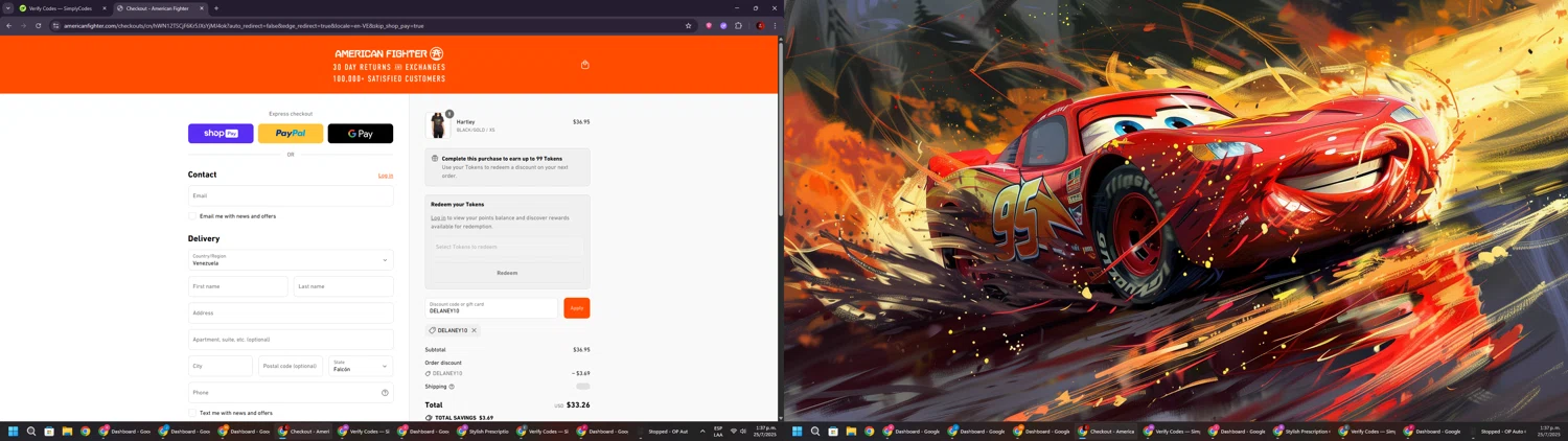 American Fighter discount code screenshot showing code DELANEY10 applied at American Fighter checkout page. Uploaded by SimplyCodes community member BrilliantSaver7516 on Jul 25, 2025
