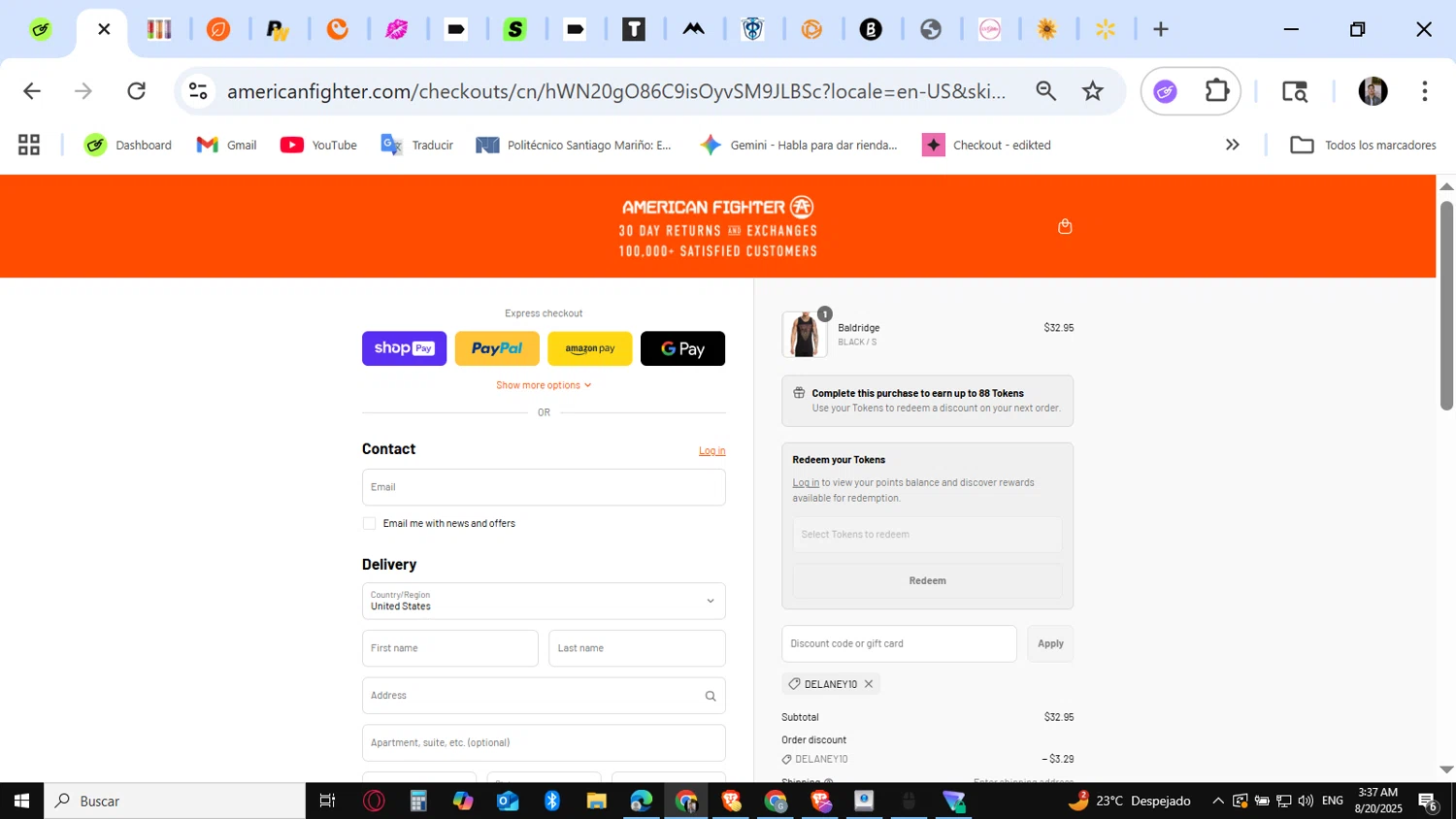 American Fighter discount code screenshot showing code DELANEY10 applied at American Fighter checkout page. Uploaded by SimplyCodes community member KataldoMustafack on Aug 20, 2025