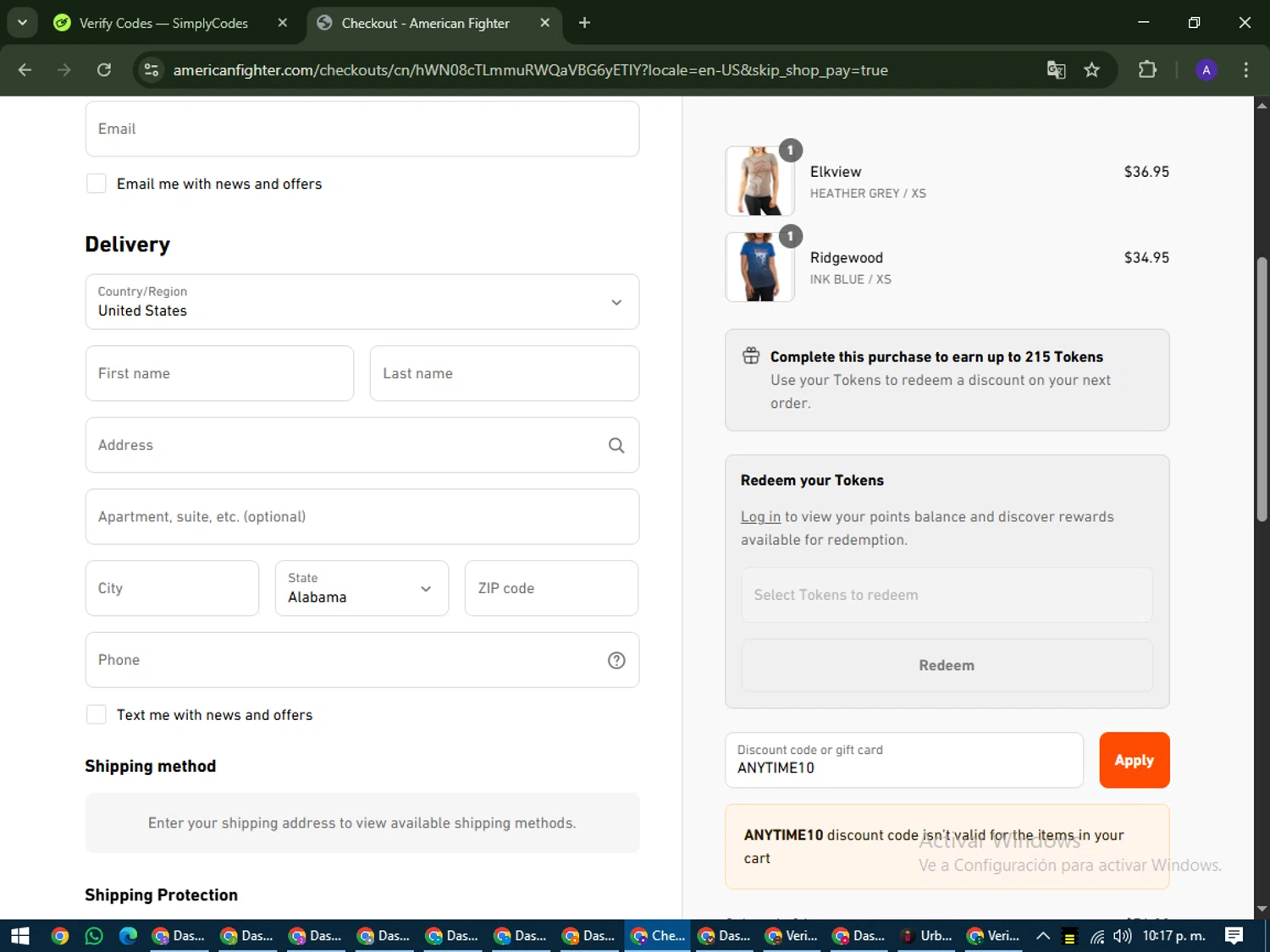 American Fighter discount code screenshot showing code ANYTIME10 applied at American Fighter checkout page. Uploaded by SimplyCodes community member MagnificentWarden4603 on Jul 17, 2025