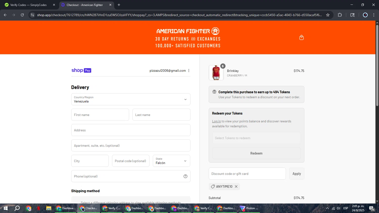 American Fighter discount code screenshot showing code ANYTIME10 applied at American Fighter checkout page. Uploaded by SimplyCodes community member RoyalBoss4384 on Aug 24, 2025