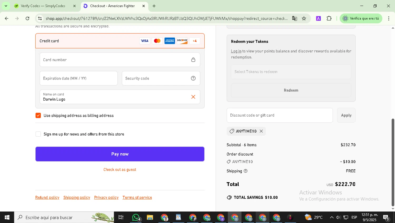 American Fighter discount code screenshot showing code ANYTIME10 applied at American Fighter checkout page. Uploaded by SimplyCodes community member DealExpert4491 on May 9, 2025