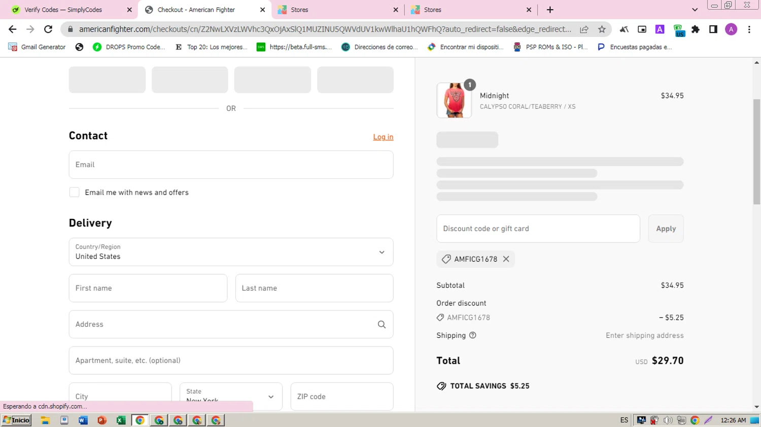 American Fighter discount code screenshot showing code amficg1678 applied at American Fighter checkout page. Uploaded by SimplyCodes community member ARCANGEL on May 1, 2025