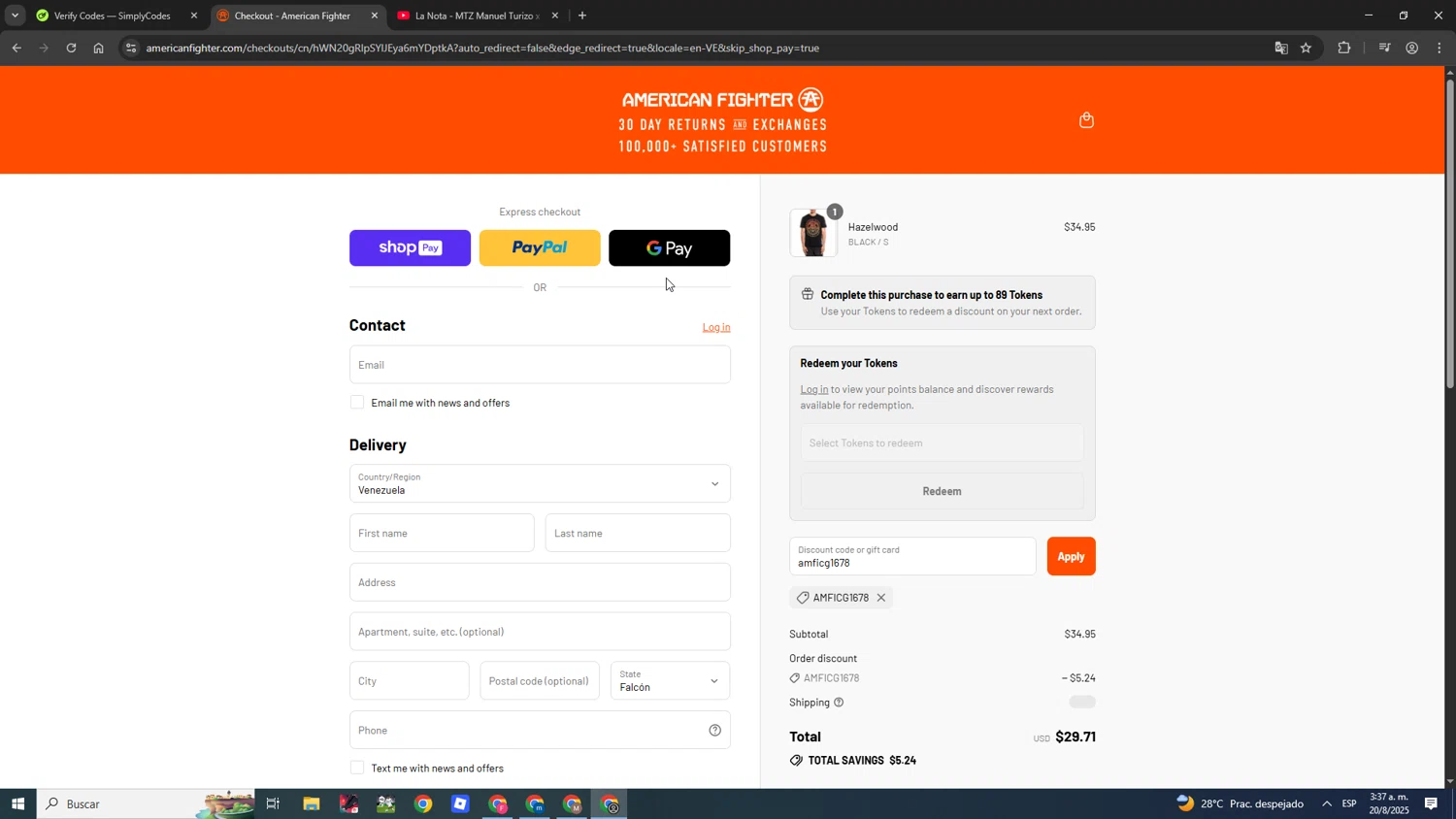 American Fighter discount code screenshot showing code amficg1678 applied at American Fighter checkout page. Uploaded by SimplyCodes community member ScanShopper554 on Aug 20, 2025