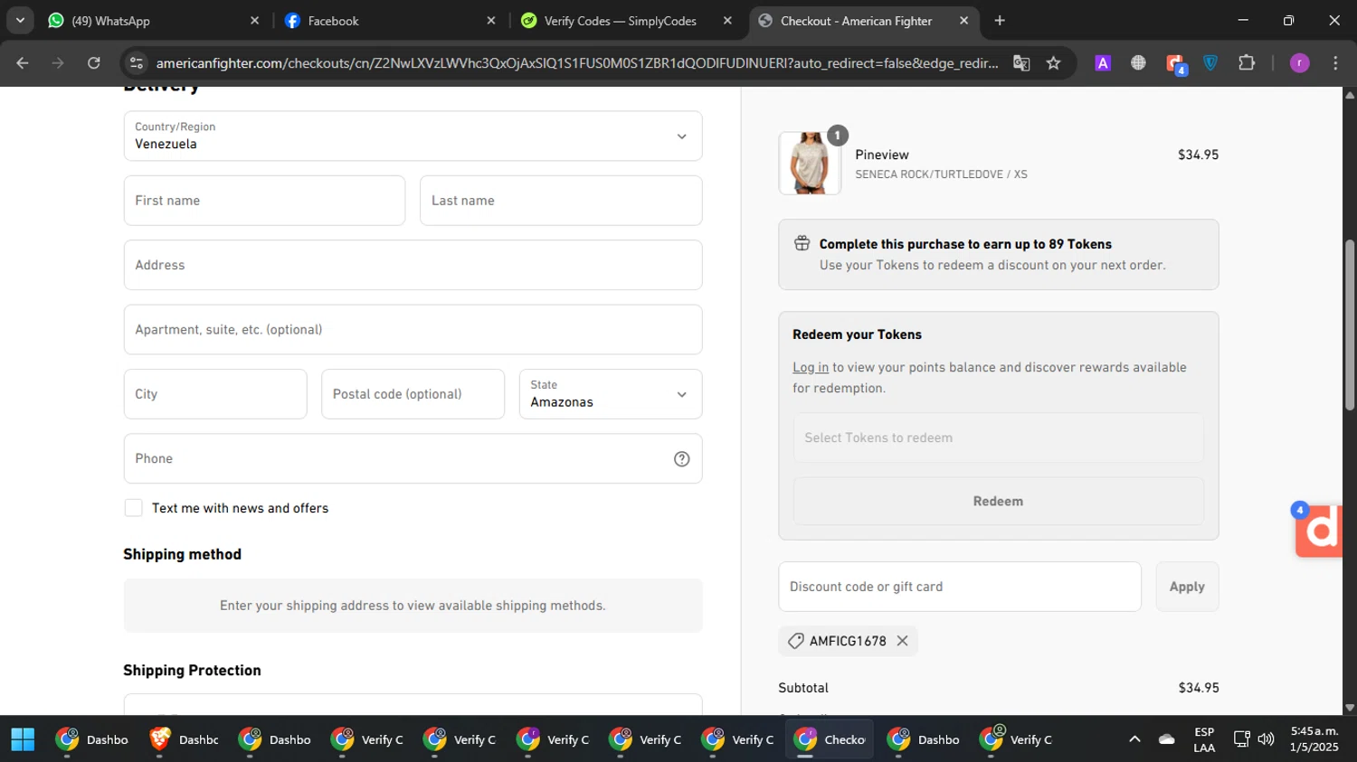 American Fighter discount code screenshot showing code amficg1678 applied at American Fighter checkout page. Uploaded by SimplyCodes community member ashe1986 on May 1, 2025