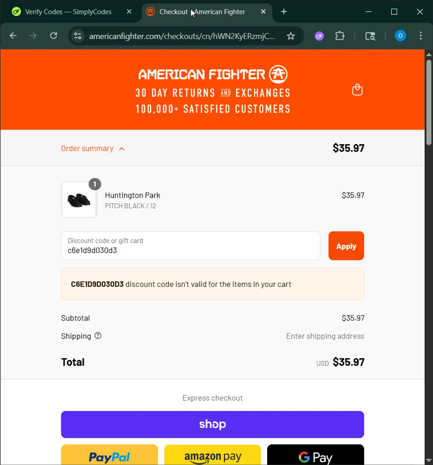 American Fighter discount code screenshot showing code c6e1d9d030d3 applied at American Fighter checkout page. Uploaded by SimplyCodes community member _____________ on Aug 28, 2025