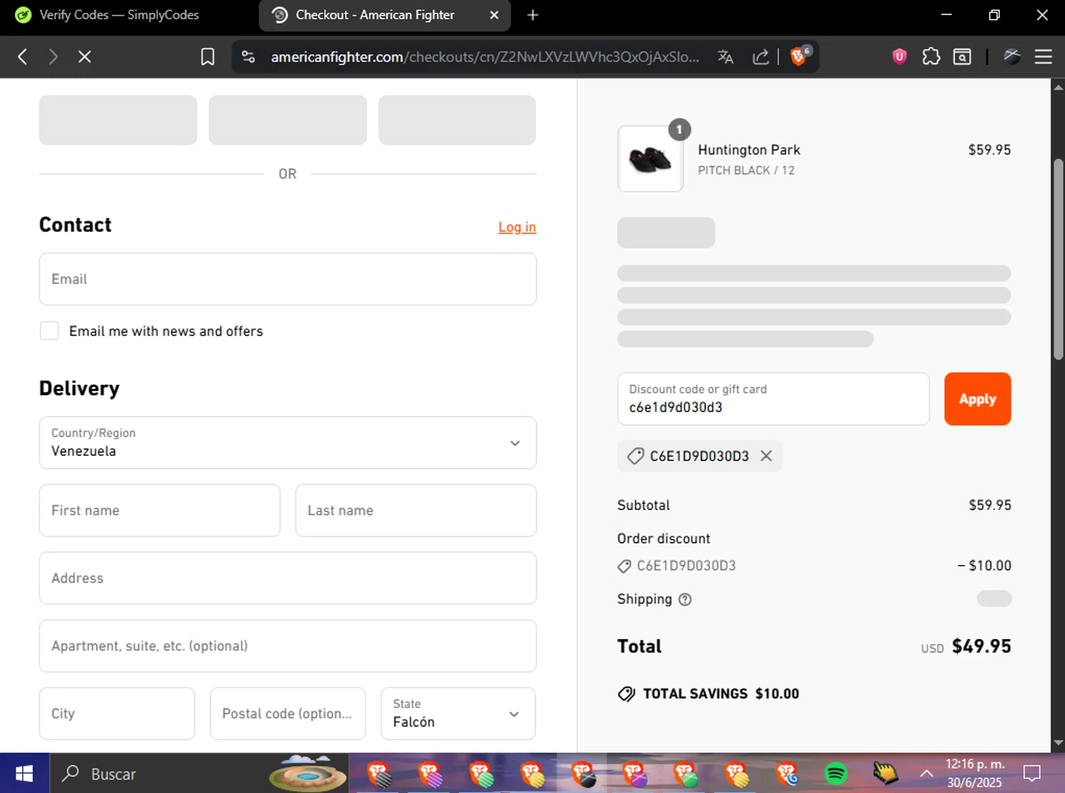American Fighter discount code screenshot showing code c6e1d9d030d3 applied at American Fighter checkout page. Uploaded by SimplyCodes community member TokenAce6841 on Jun 30, 2025