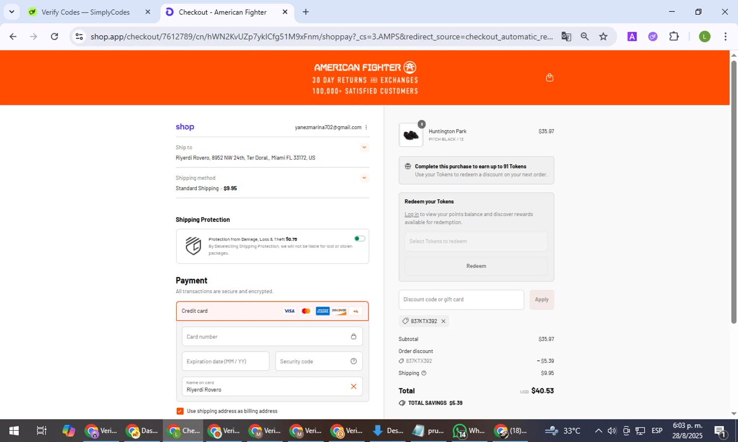 American Fighter discount code screenshot showing code 837ktx392 applied at American Fighter checkout page. Uploaded by SimplyCodes community member BargainEagle9039 on Aug 28, 2025