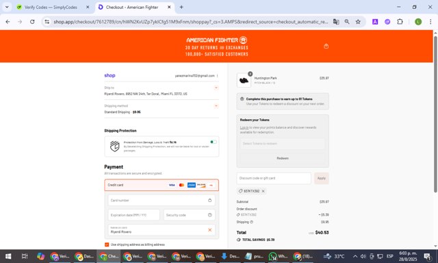 American Fighter checkout page showing American Fighter discount code box | Screenshot taken by SimplyCodes community member on Aug 28, 2025
