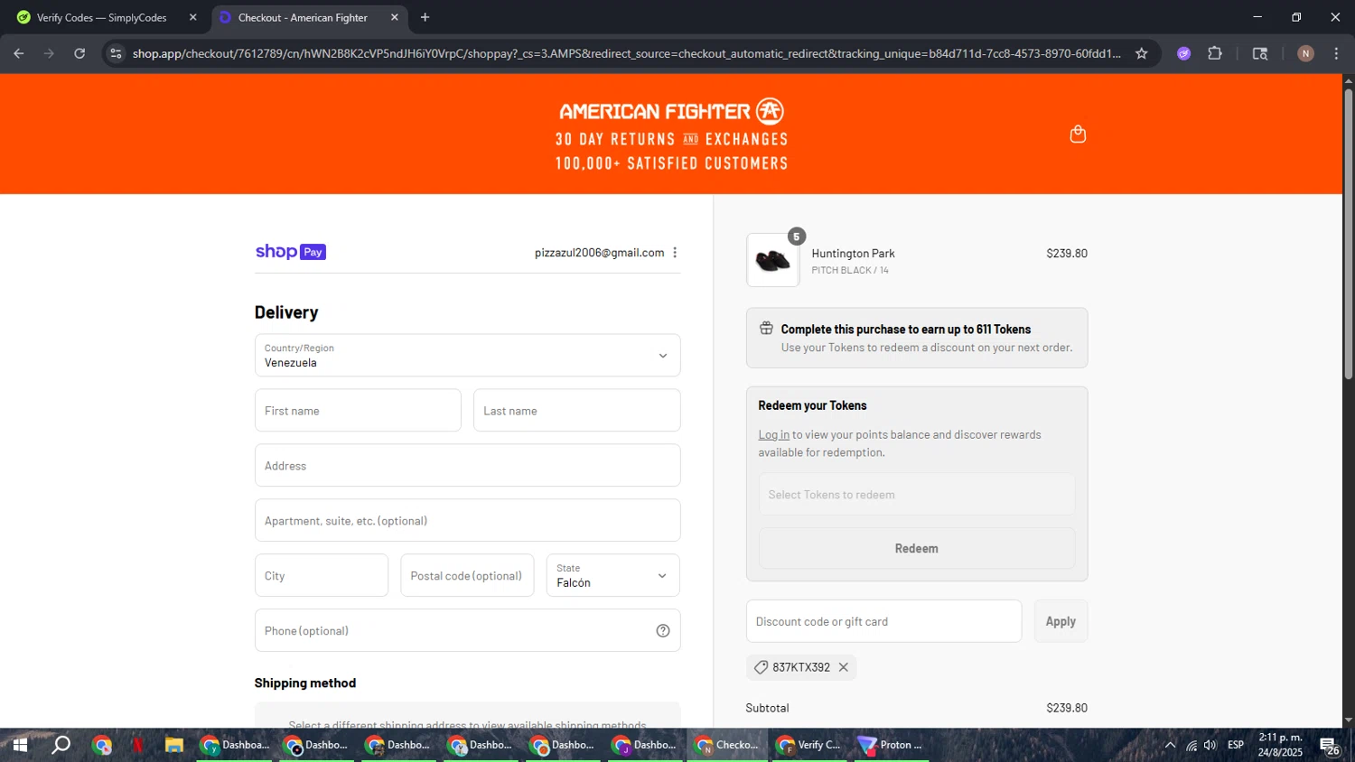 American Fighter discount code screenshot showing code 837ktx392 applied at American Fighter checkout page. Uploaded by SimplyCodes community member DiscountPioneer2554 on Aug 24, 2025