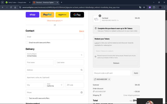 American Fighter checkout page showing American Fighter discount code box | Screenshot taken by SimplyCodes community member on Sep 10, 2025