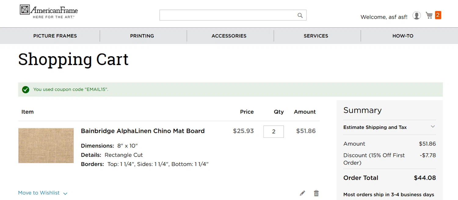 American Frame promo code screenshot showing code EMAIL15 applied at American Frame checkout page. Uploaded by SimplyCodes community member PaulSkenes on Jun 6, 2026