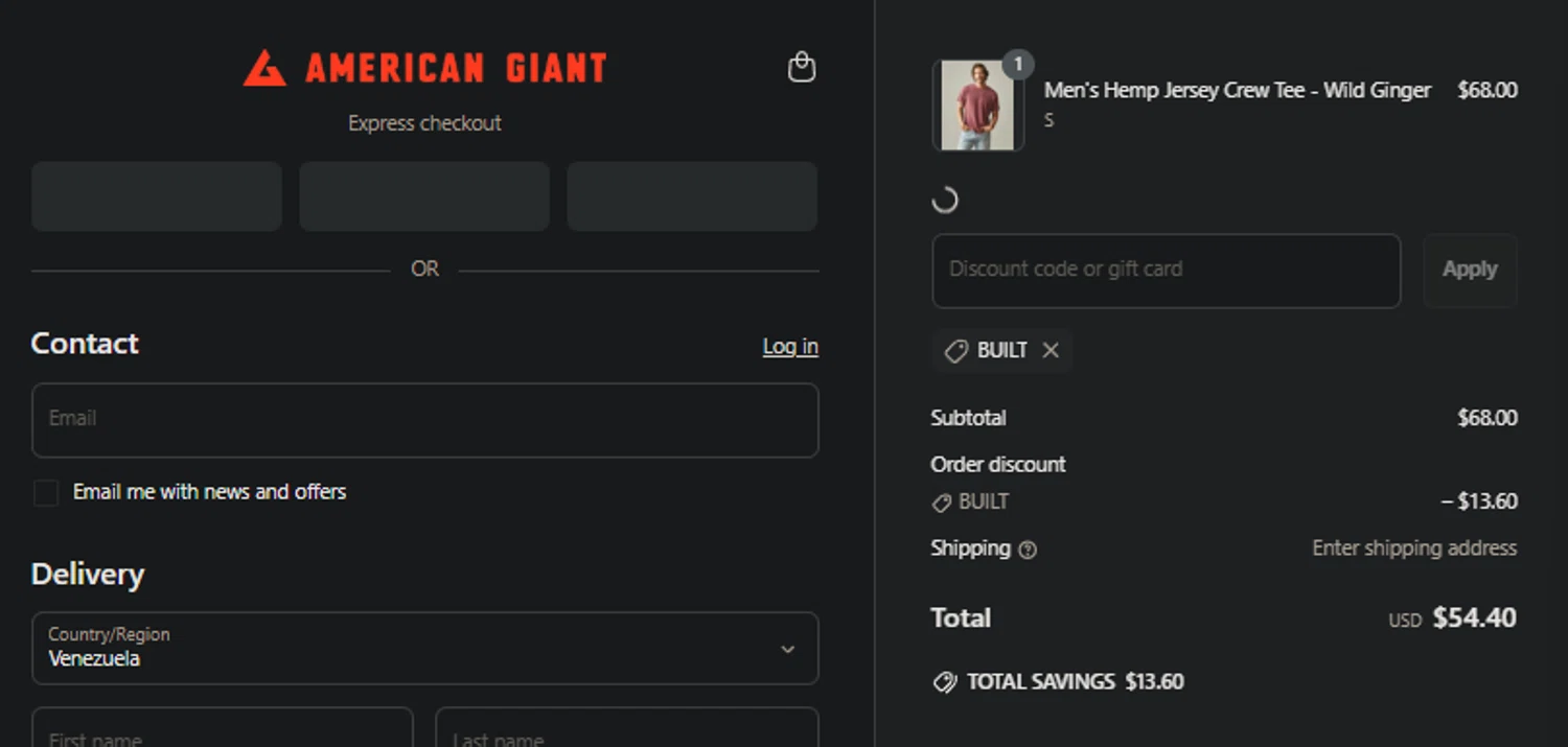 American Giant promo code screenshot showing code BUILT applied at American Giant checkout page. Uploaded by SimplyCodes community member idkxxx on Jun 16, 2025