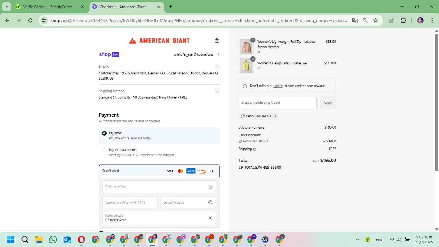 American Giant promo code screenshot showing code PassionStruck applied at American Giant checkout page. Uploaded by SimplyCodes community member Mari_perez on Jul 23, 2025