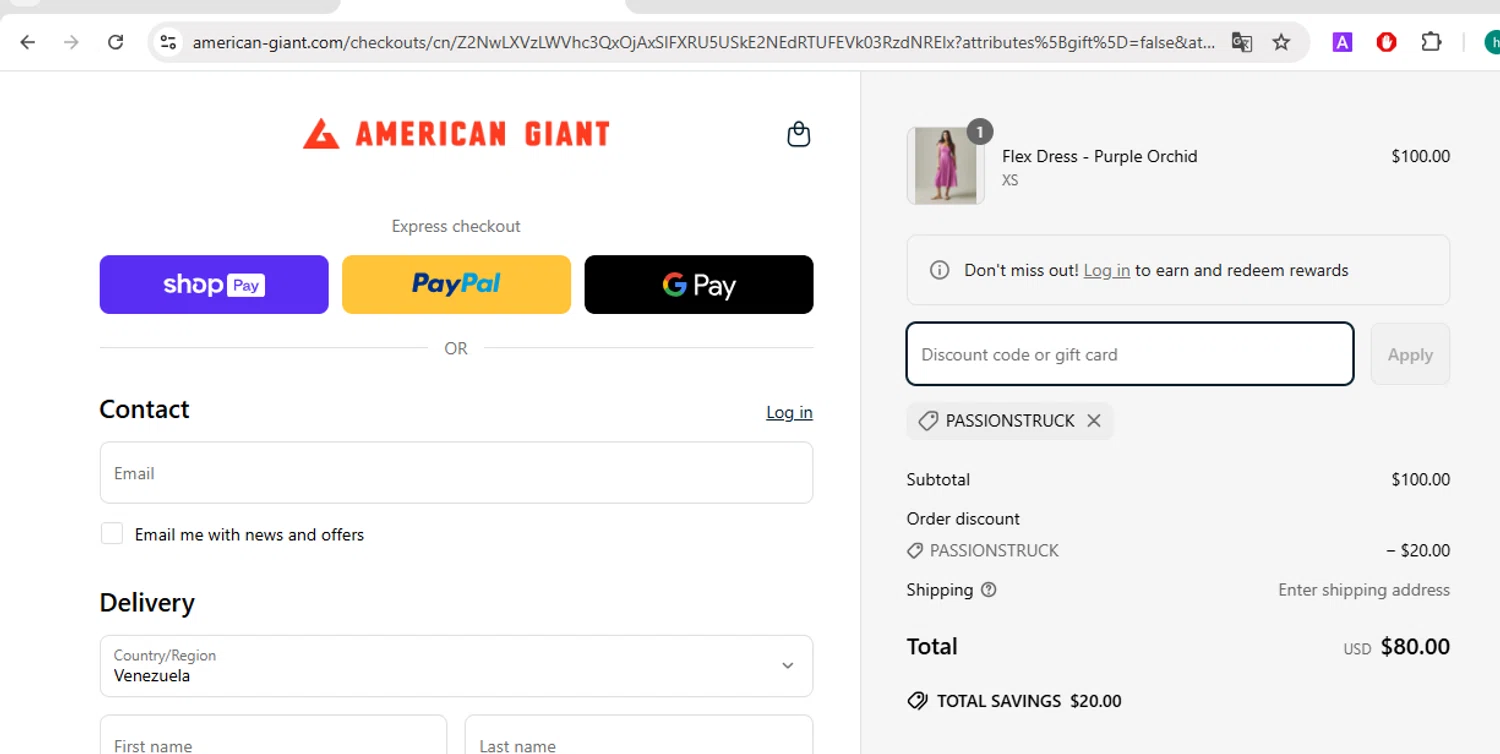 American Giant promo code screenshot showing code PassionStruck applied at American Giant checkout page. Uploaded by SimplyCodes community member VictoriousGuardian220 on Apr 2, 2025