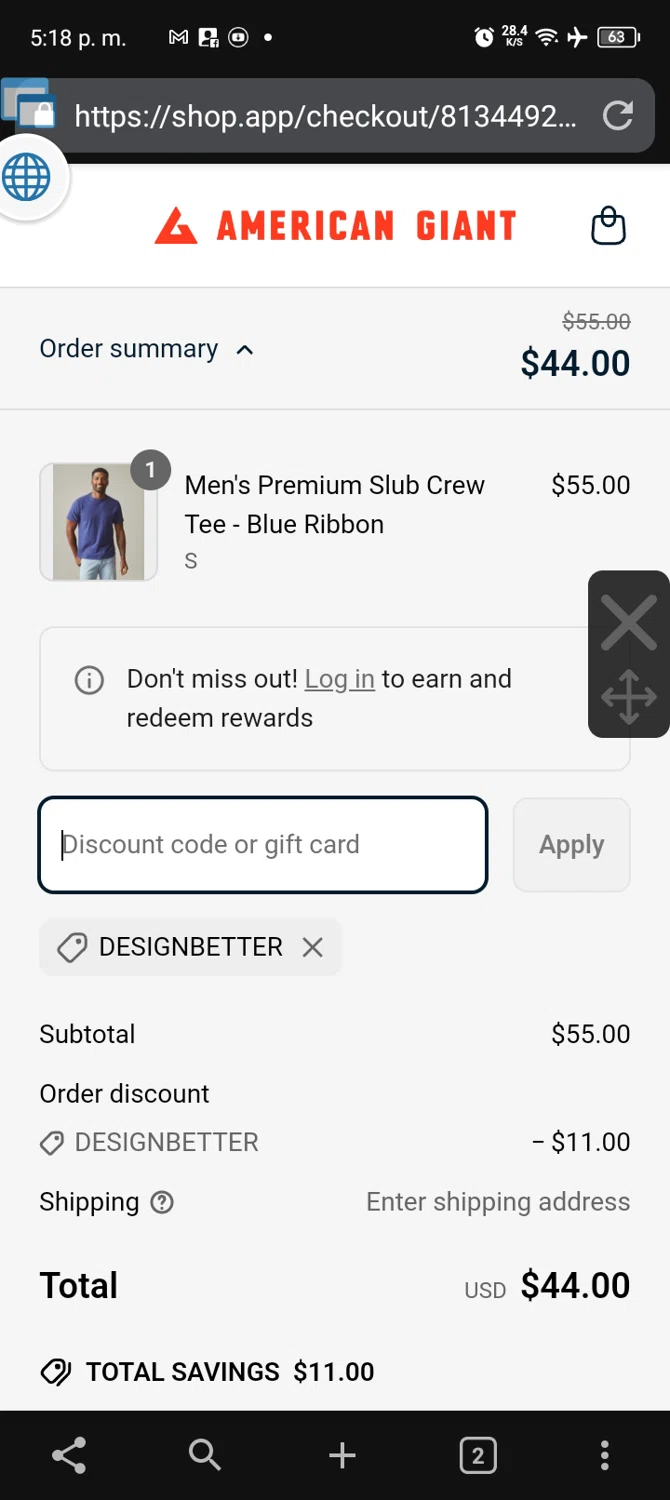 American Giant promo code screenshot showing code DESIGNBETTER applied at American Giant checkout page. Uploaded by SimplyCodes community member MANTEQUILLA_MAVESA on Apr 19, 2025