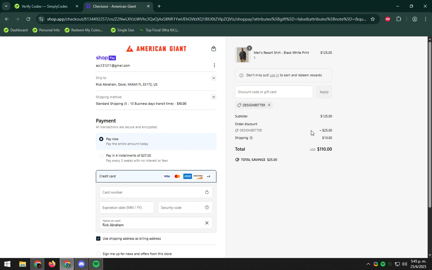 American Giant promo code screenshot showing code DESIGNBETTER applied at American Giant checkout page. Uploaded by SimplyCodes community member LHaunter on Jun 25, 2025