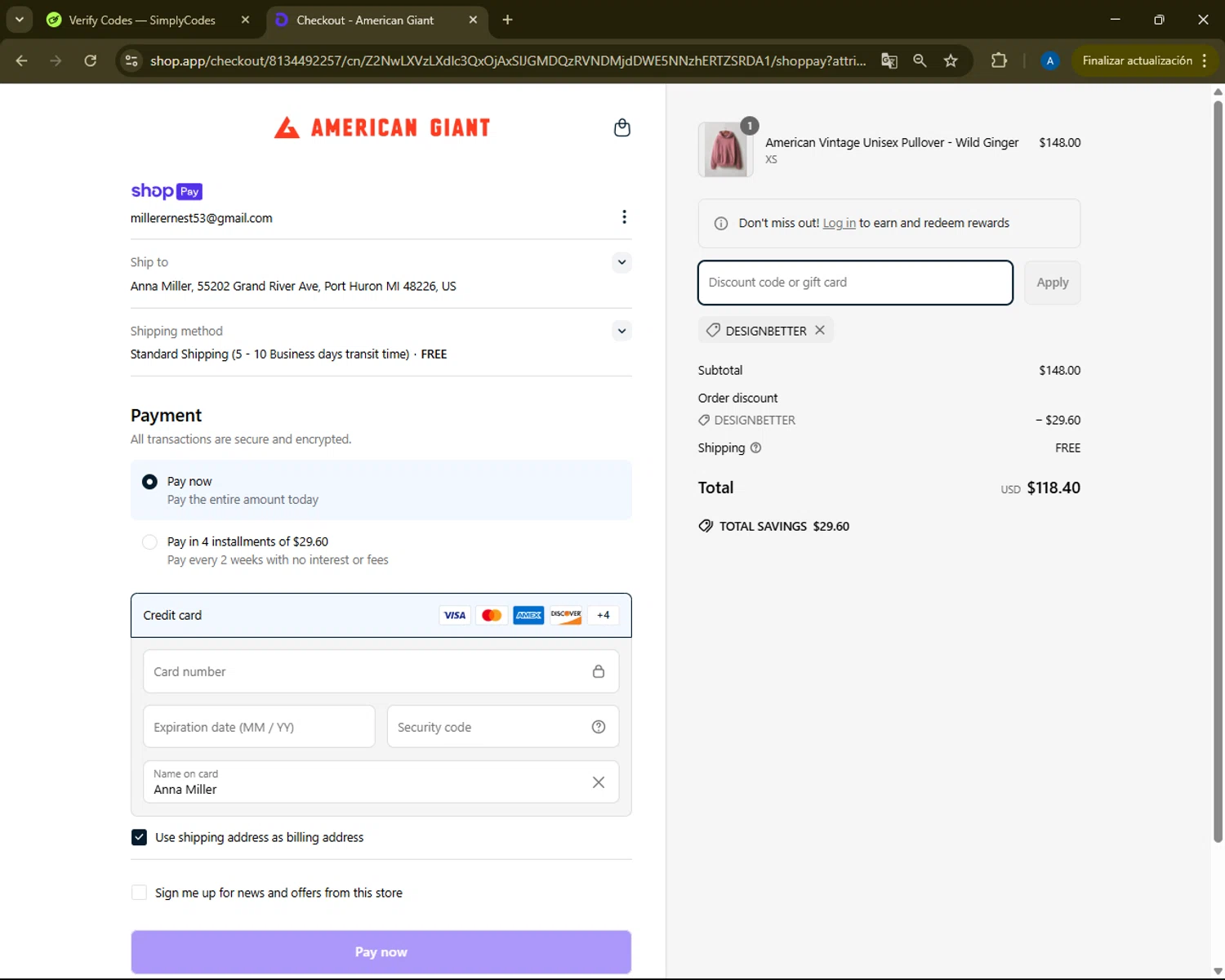 American Giant promo code screenshot showing code DESIGNBETTER applied at American Giant checkout page. Uploaded by SimplyCodes community member ShrewdMaestro6940 on Apr 10, 2025