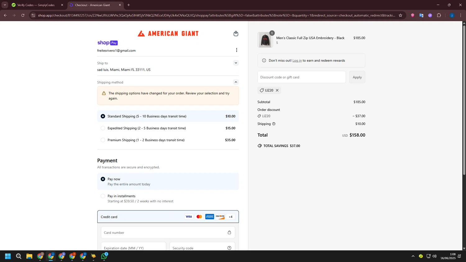 American Giant promo code screenshot showing code liz20 applied at American Giant checkout page. Uploaded by SimplyCodes community member CashLegend3767 on Jun 16, 2025