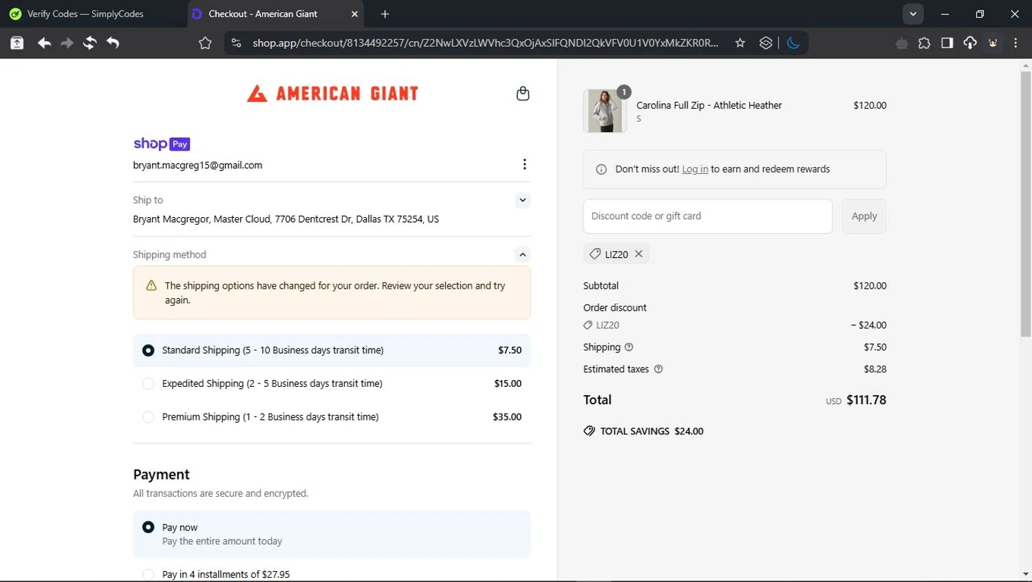 American Giant promo code screenshot showing code liz20 applied at American Giant checkout page. Uploaded by SimplyCodes community member BudgetCollector3125 on Apr 10, 2025