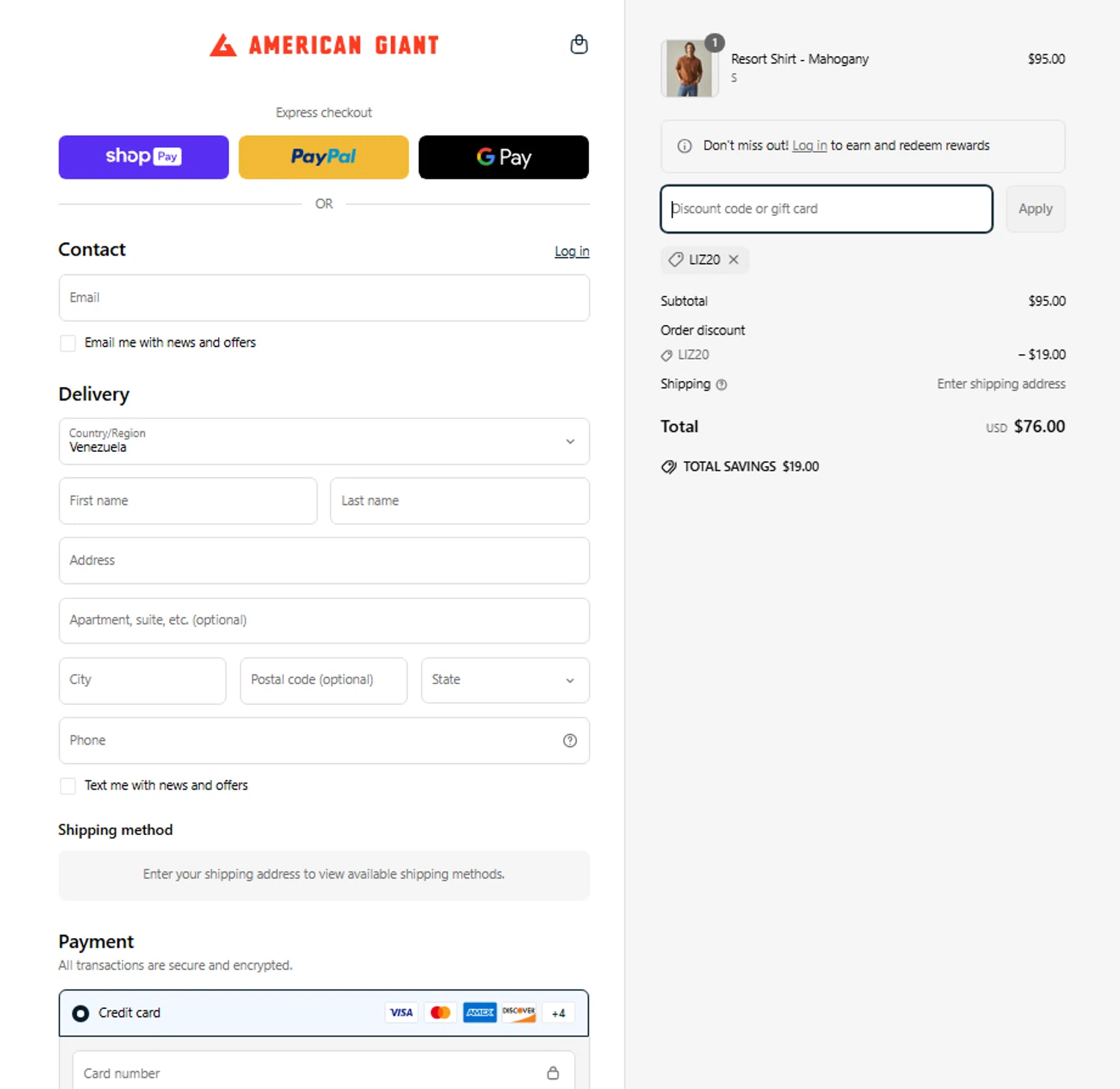American Giant promo code screenshot showing code liz20 applied at American Giant checkout page. Uploaded by SimplyCodes community member josesanchez10 on Apr 10, 2025