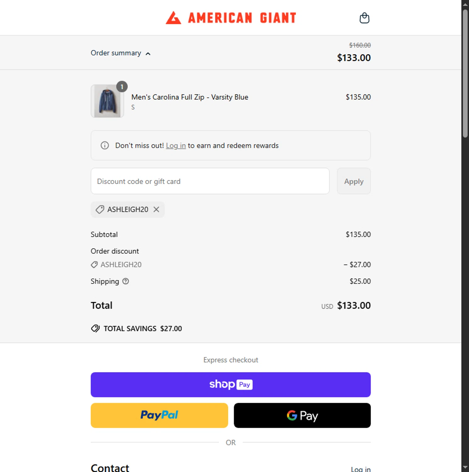 American Giant promo code screenshot showing code ASHLEIGH20 applied at American Giant checkout page. Uploaded by SimplyCodes community member PennyScholar504 on Jun 25, 2025