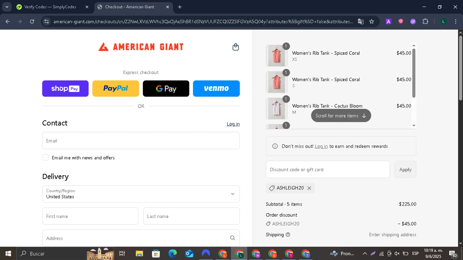 American Giant promo code screenshot showing code ASHLEIGH20 applied at American Giant checkout page. Uploaded by SimplyCodes community member SmartWhiz1165 on Jun 9, 2025