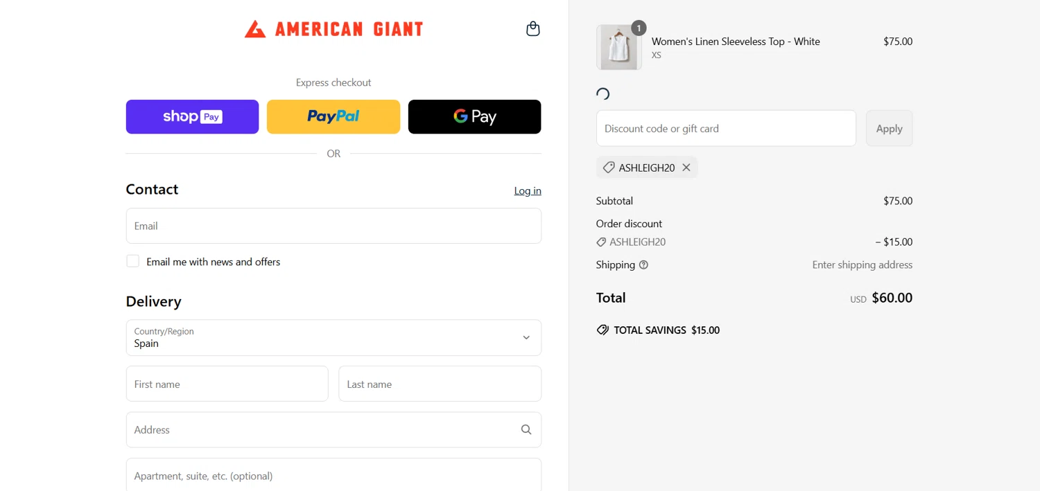American Giant promo code screenshot showing code ASHLEIGH20 applied at American Giant checkout page. Uploaded by SimplyCodes community member PromoMaestro7029 on May 8, 2025