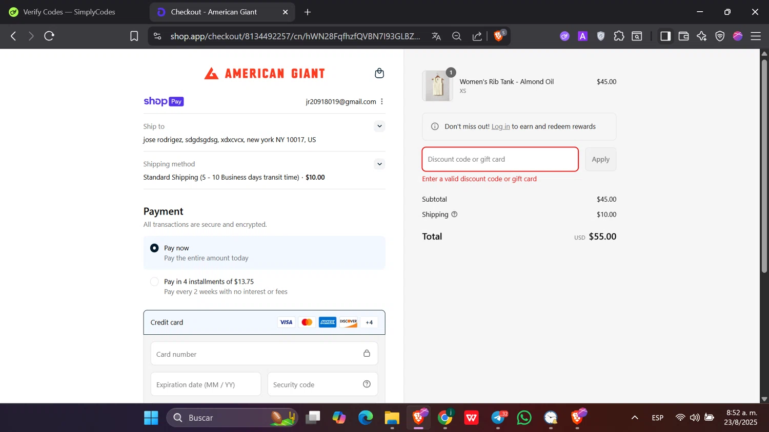 American Giant promo code screenshot showing code Buy3+ applied at American Giant checkout page. Uploaded by SimplyCodes community member hanzell2 on Aug 23, 2025