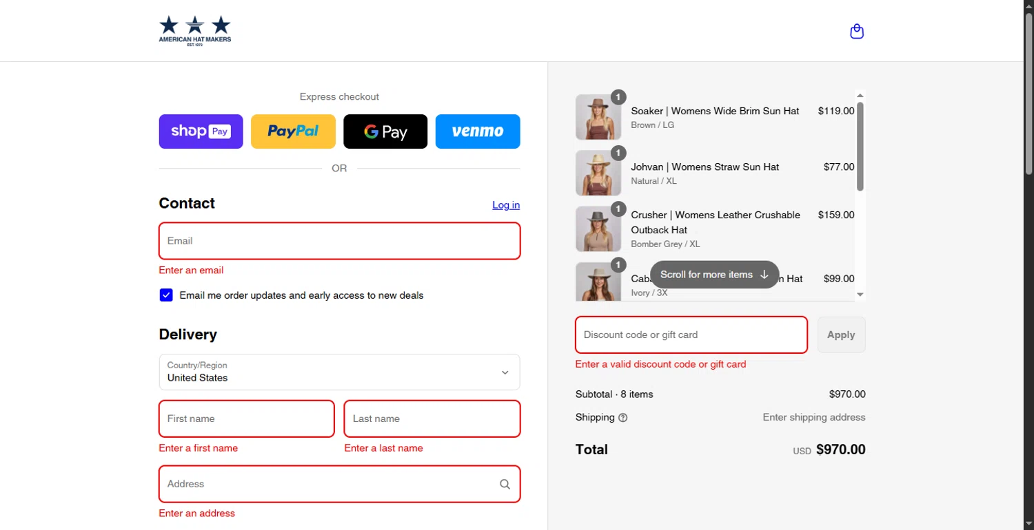 American Hat Makers discount code screenshot showing code ADDSC applied at American Hat Makers checkout page. Uploaded by SimplyCodes community member CodeTitan6120 on Aug 28, 2025