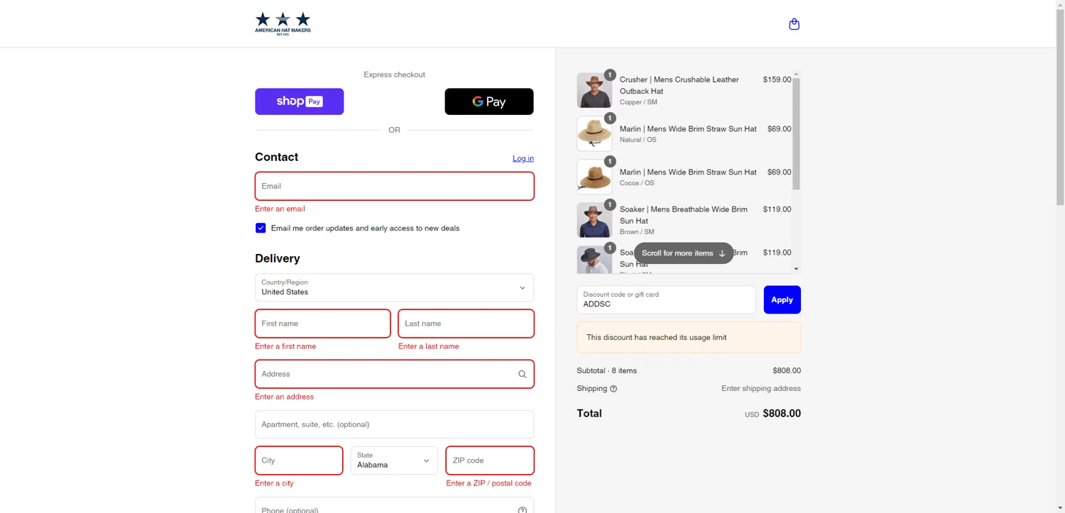 American Hat Makers discount code screenshot showing code ADDSC applied at American Hat Makers checkout page. Uploaded by SimplyCodes community member ExtraordinaryShopper780 on Aug 28, 2025