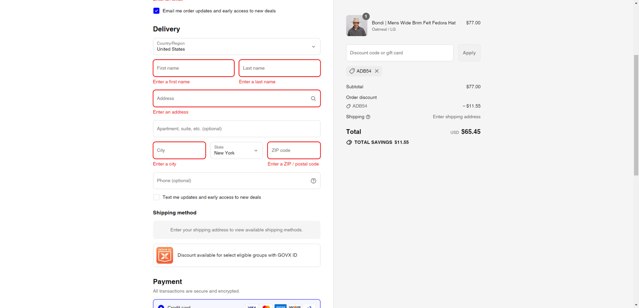 American Hat Makers checkout page showing American Hat Makers discount code box | Screenshot taken by SimplyCodes community member on Sep 4, 2025
