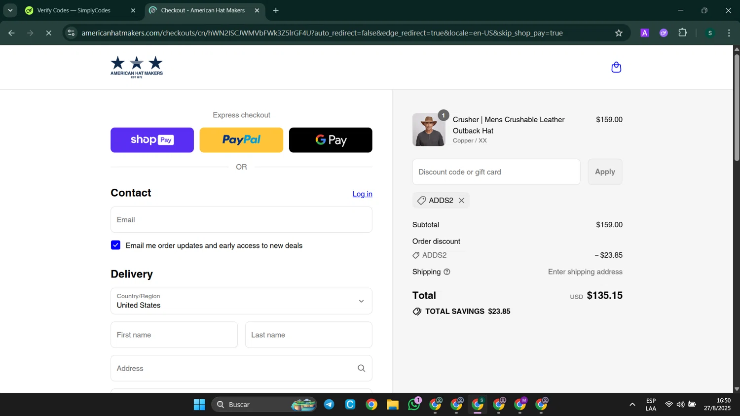 American Hat Makers discount code screenshot showing code ADDS2 applied at American Hat Makers checkout page. Uploaded by SimplyCodes community member SaleHunter9008 on Aug 27, 2025