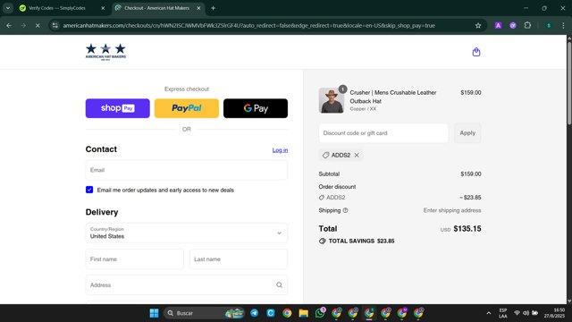 American Hat Makers checkout page showing American Hat Makers discount code box | Screenshot taken by SimplyCodes community member on Aug 27, 2025