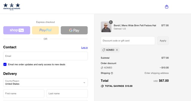 American Hat Makers checkout page showing American Hat Makers discount code box | Screenshot taken by SimplyCodes community member on Aug 27, 2025