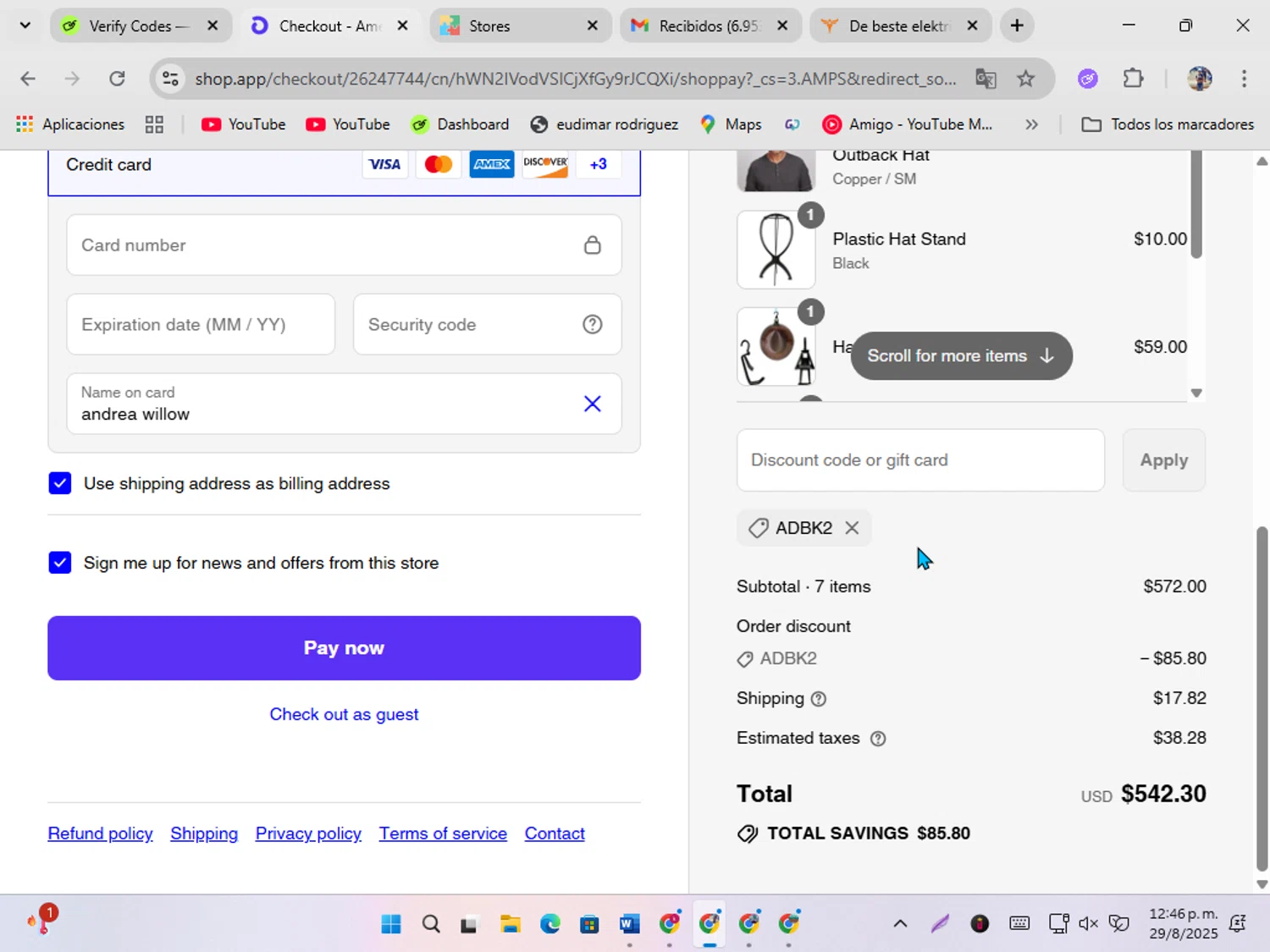 American Hat Makers discount code screenshot showing code ADBK2 applied at American Hat Makers checkout page. Uploaded by SimplyCodes community member ShrewdSeeker5445 on Aug 29, 2025