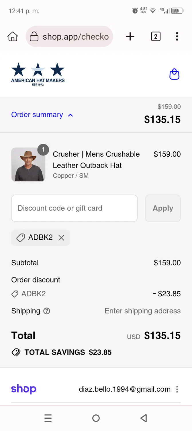 American Hat Makers discount code screenshot showing code ADBK2 applied at American Hat Makers checkout page. Uploaded by SimplyCodes community member Anthony_Diaz on Aug 29, 2025