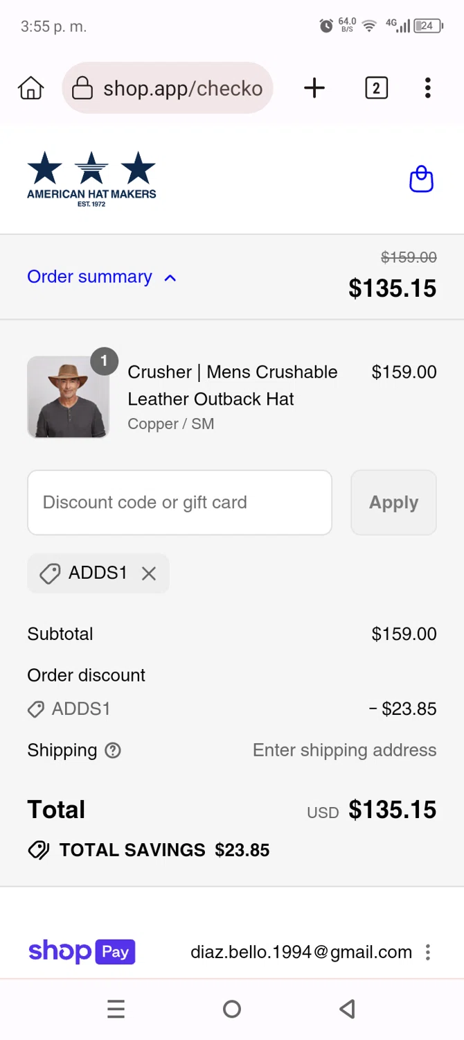 American Hat Makers discount code screenshot showing code ADDS1 applied at American Hat Makers checkout page. Uploaded by SimplyCodes community member Anthony_Diaz on Aug 27, 2025
