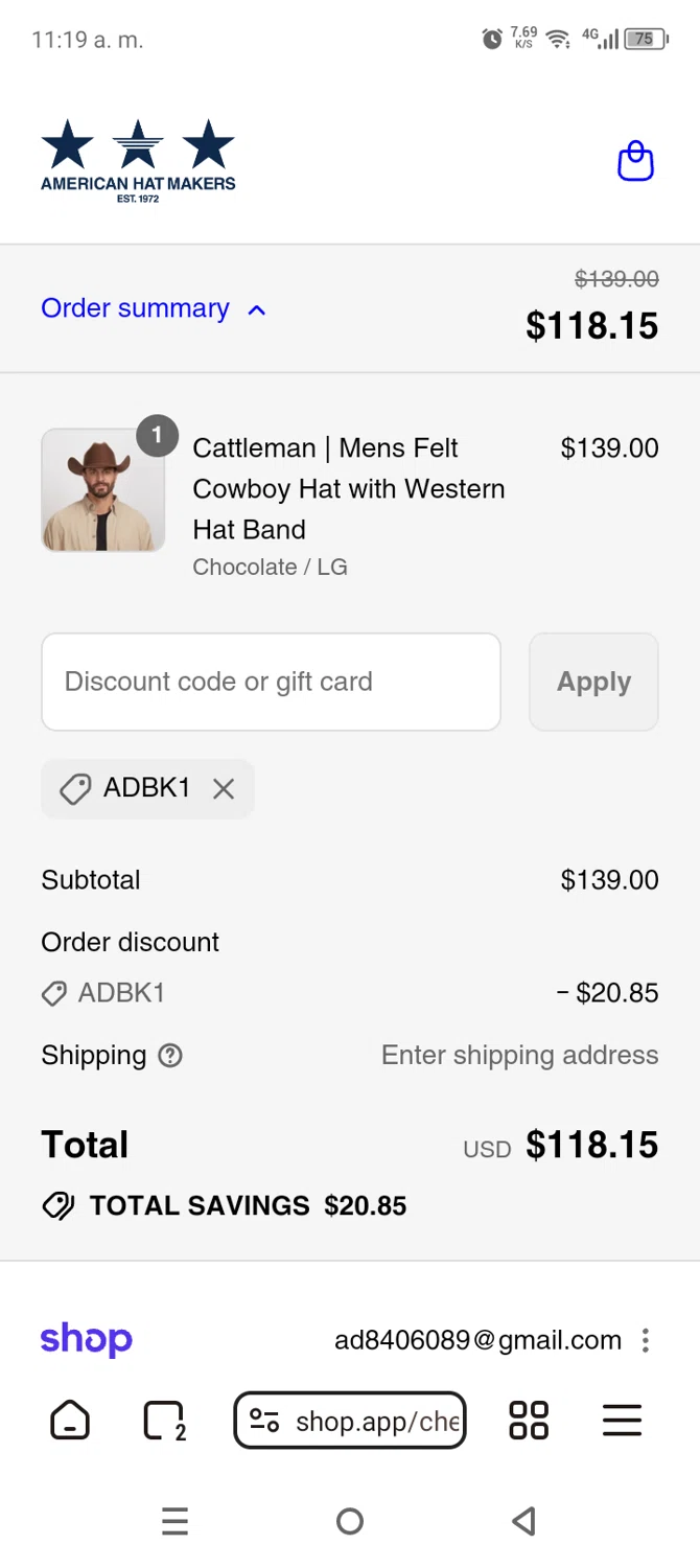 American Hat Makers discount code screenshot showing code ADBK1 applied at American Hat Makers checkout page. Uploaded by SimplyCodes community member AnthonyGuapeton94 on Aug 29, 2025